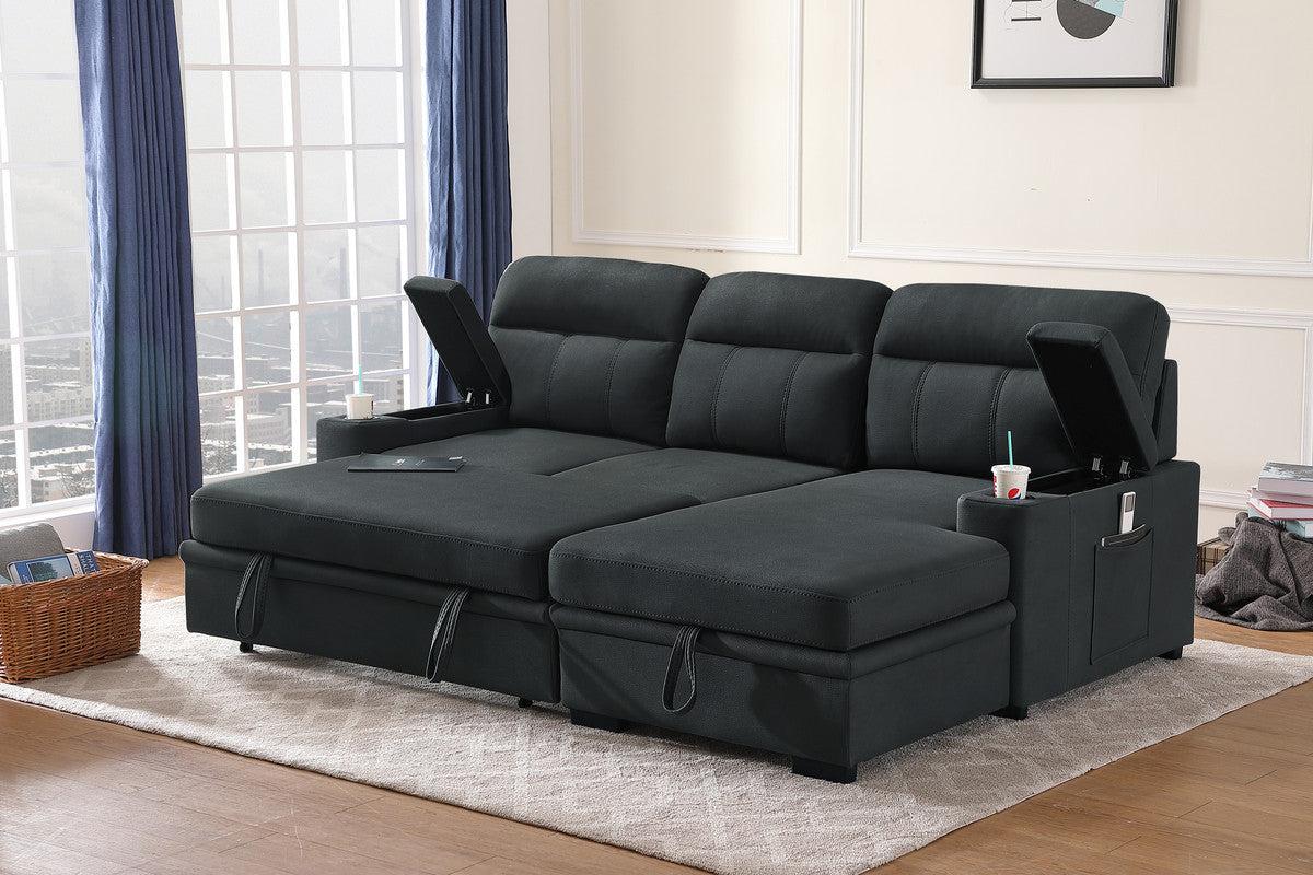 Kaden Black Fabric Sleeper Sectional Sofa Chaise withStorage Arms and Cupholder