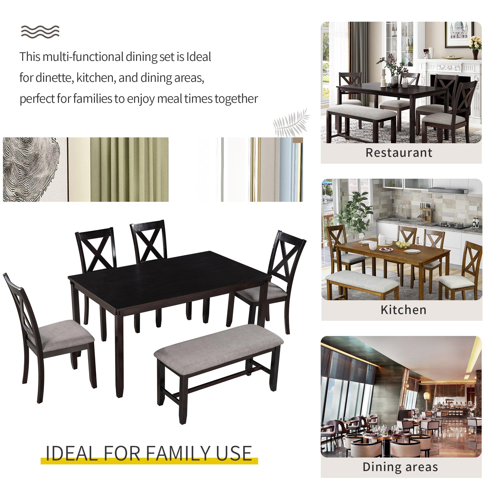 6-Piece Kitchen Dining Table Set Wooden Rectangular Dining Table, 4 Fabric Chairs and Bench Family Furniture (Espresso)