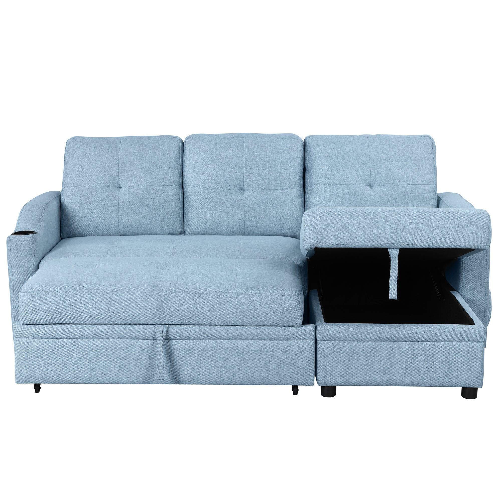 80.3"  Pull Out Sofa BedModern Padded Upholstered Sofa Bed , Linen Fabric 3 Seater Couch withStorage Chaise and Cup Holder , Small Couch for Small Spaces