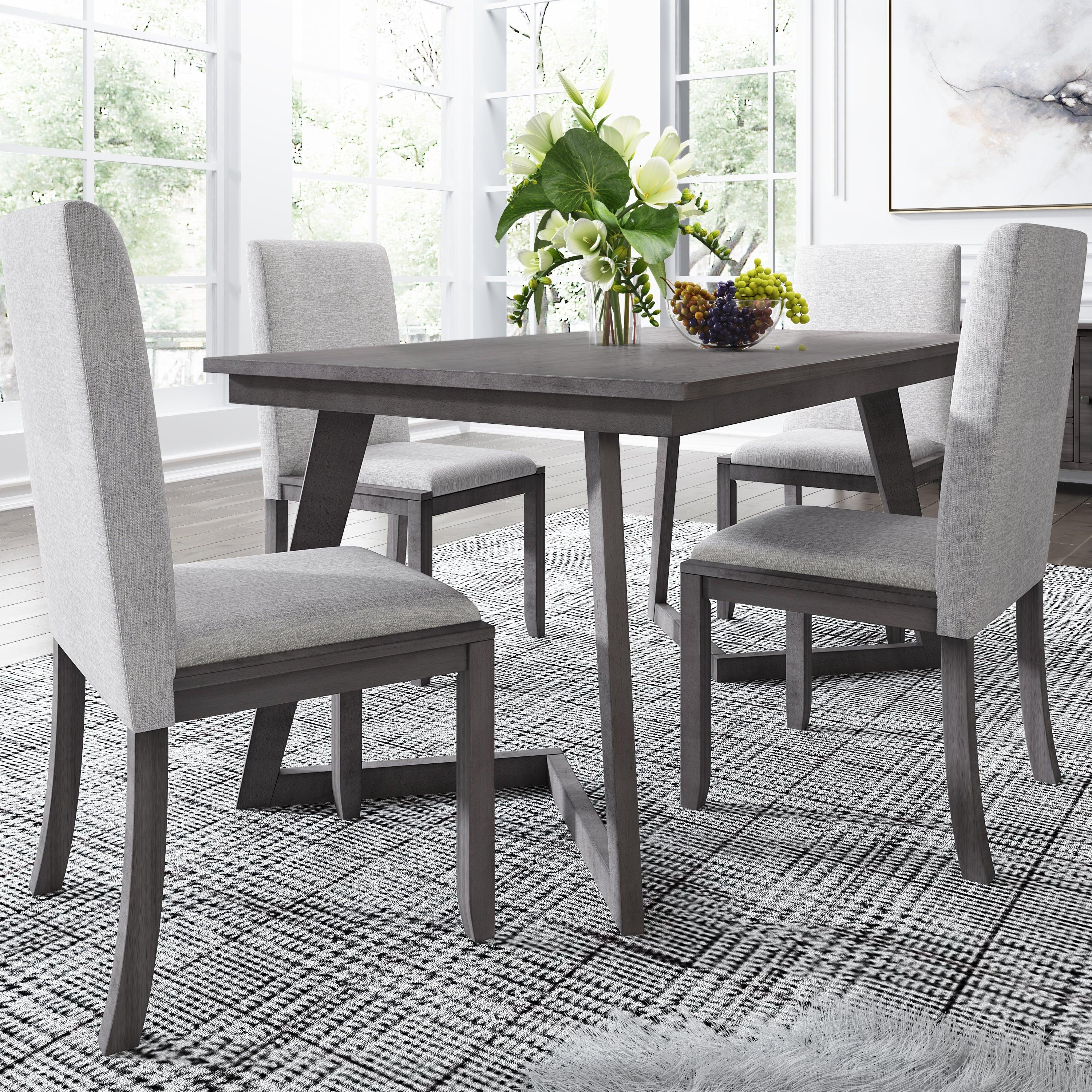 5-Piece Dining Set, Wood Rectangular Table with 4 Linen Fabric Chairs, Gray image