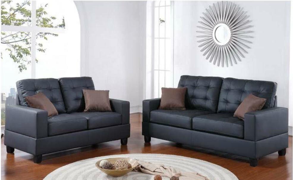 Living Room Furniture 2pc Sofa Set Black Faux Leather Tufted Sofa Loveseat w Pillows Cushion Couch