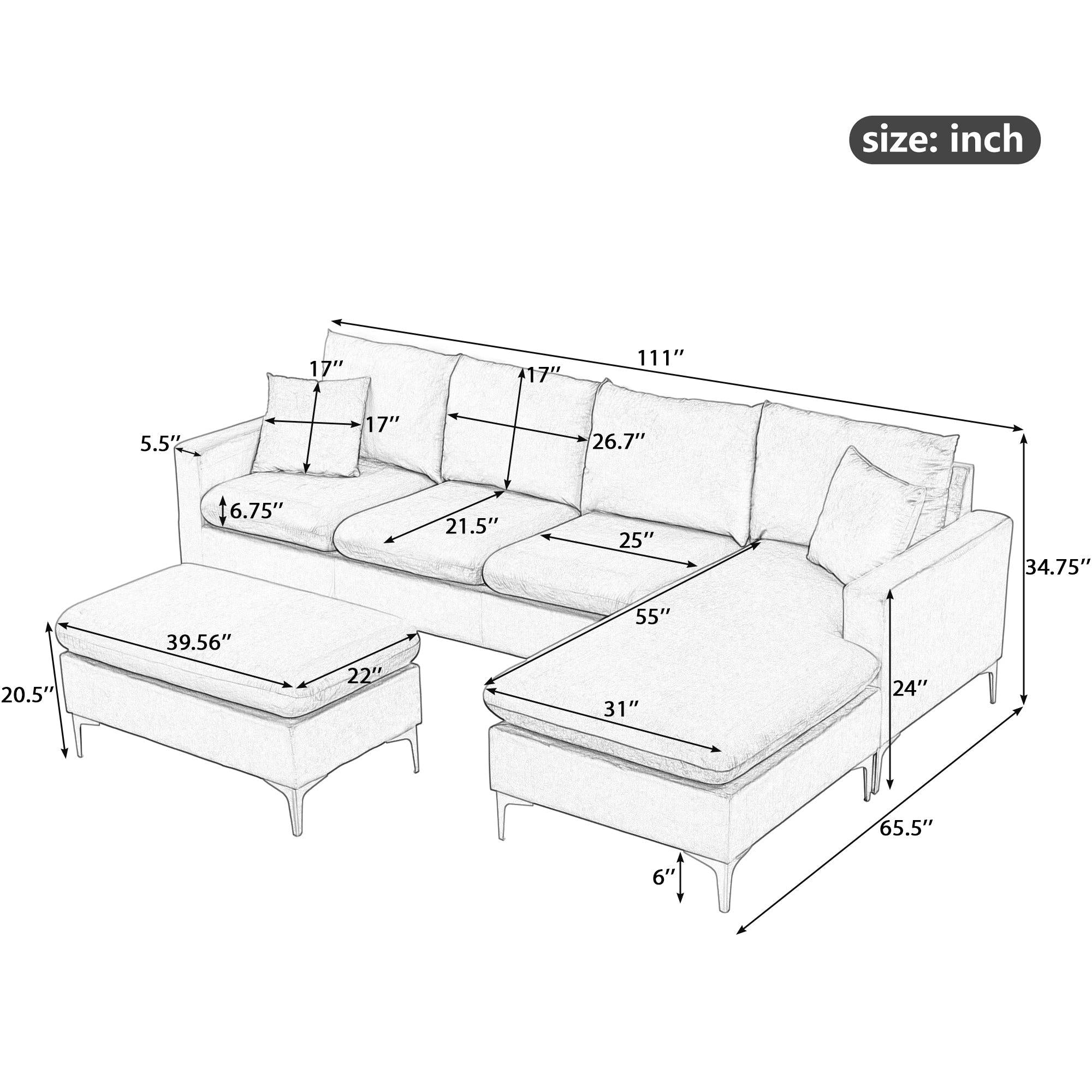 110.6" Sectional Sofa with Ottoman, L-Shape Elegant Velvet Upholstered Couch with 2 Pillows for Living Room Apartment,Cream White