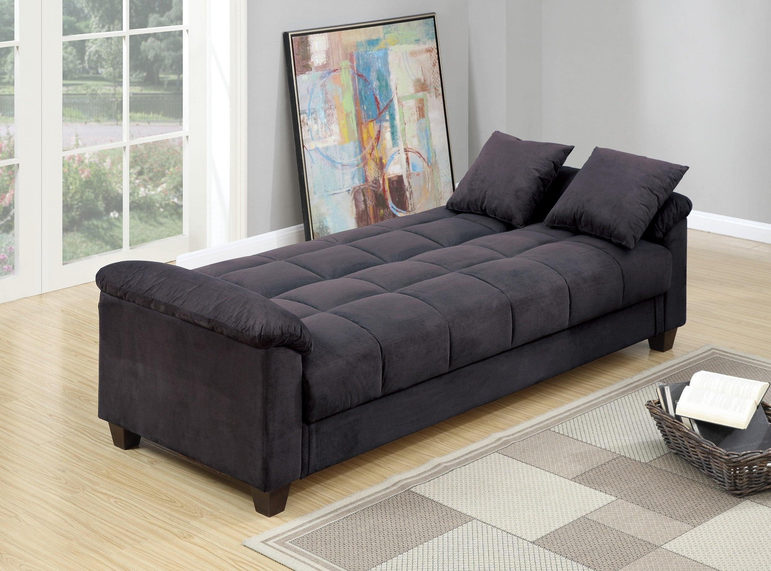 Contemporary Living Room Adjustable Sofa Ebony Microfiber Couch PlushStorage Couch 1pc Futon Sofa w Pillows