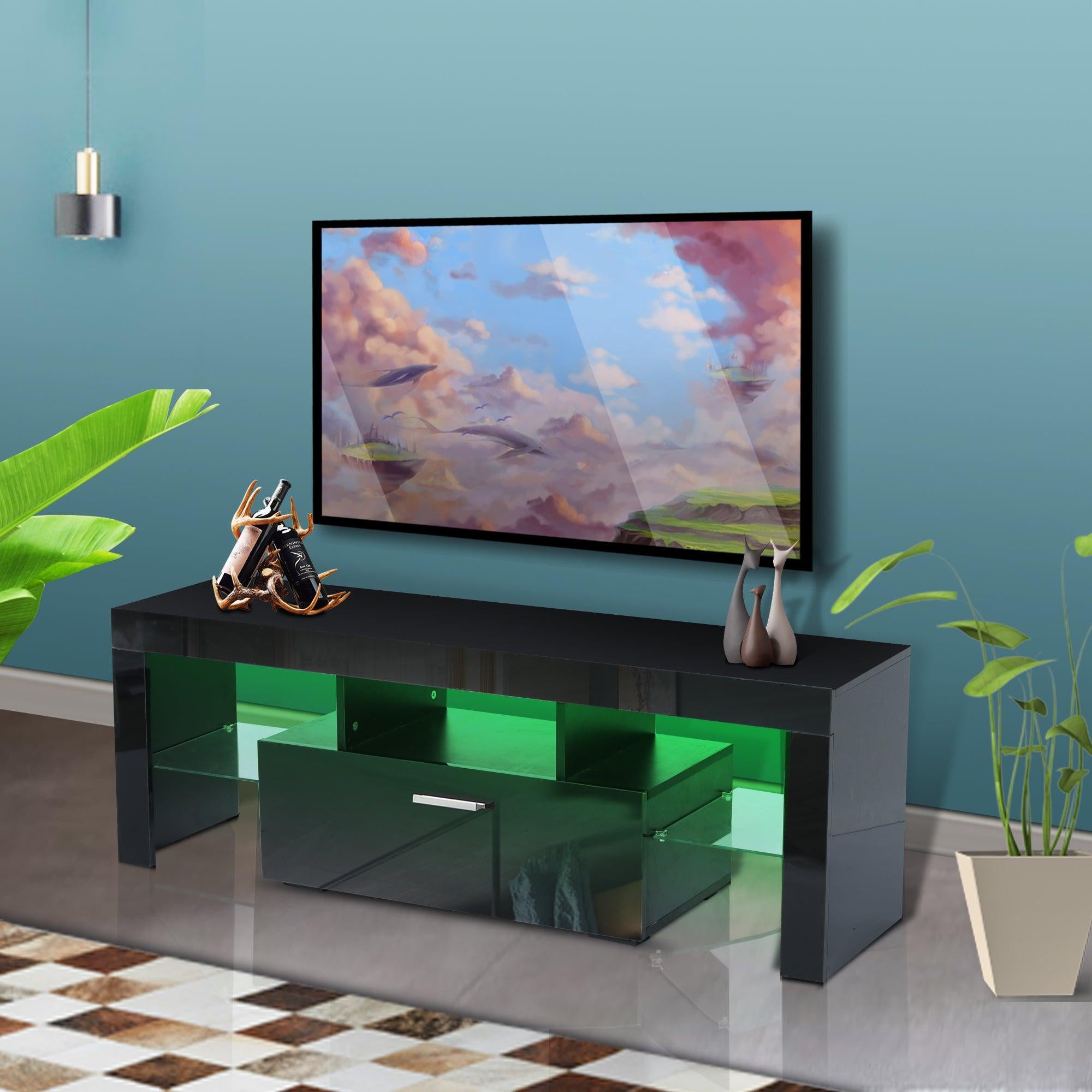 Black morden TV Stand with LED Lights,high glossy front TV Cabinet,can be assembled in Lounge Room, Living Room or Bedroom,color:BLACK