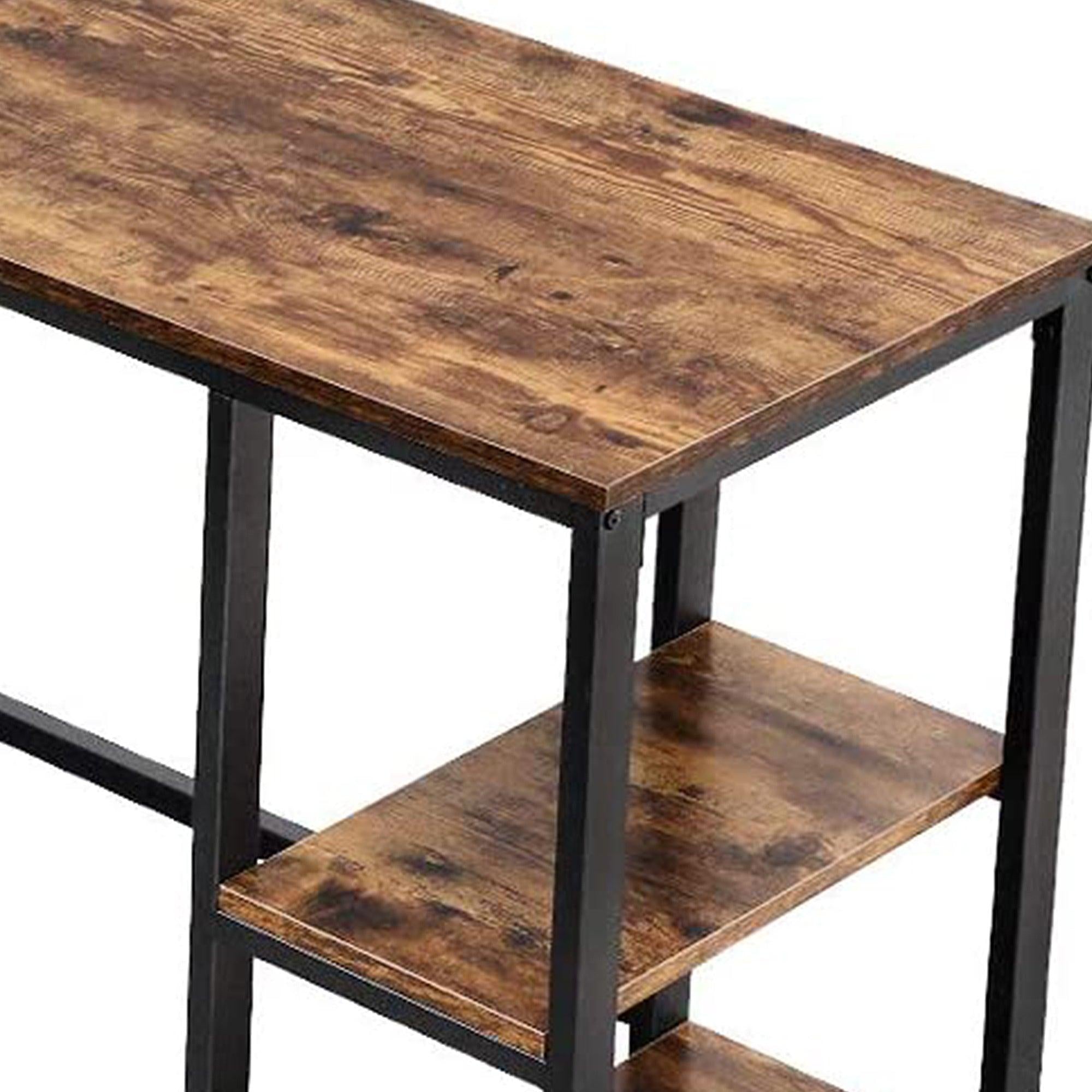 L Shape Wood and Metal Frame Computer Desk with 2 Shelves, Brown and Black