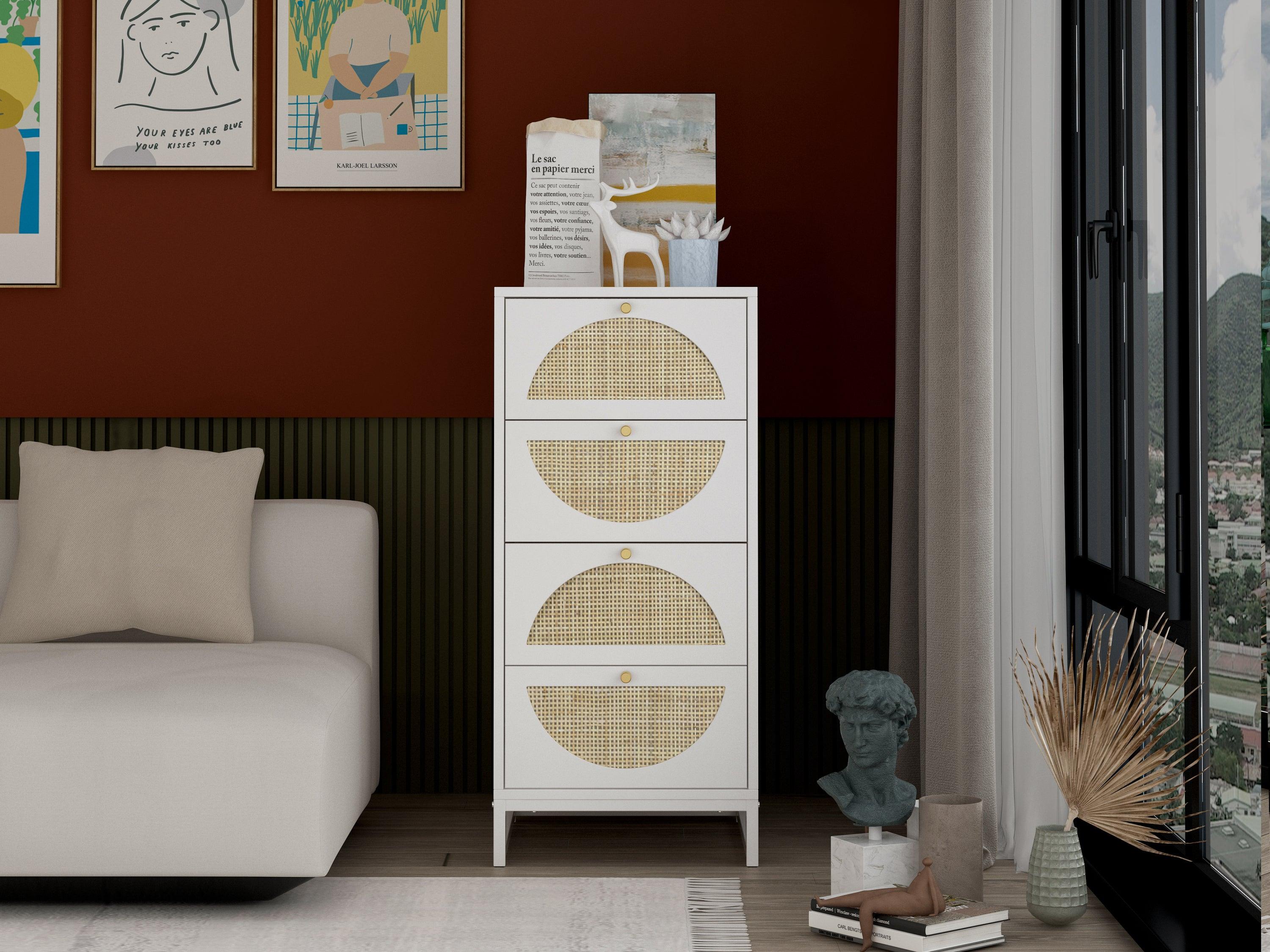 Natural rattan，4 drawer cabinet，Suitable for living room, bedroom and study，DiversifiedStorage