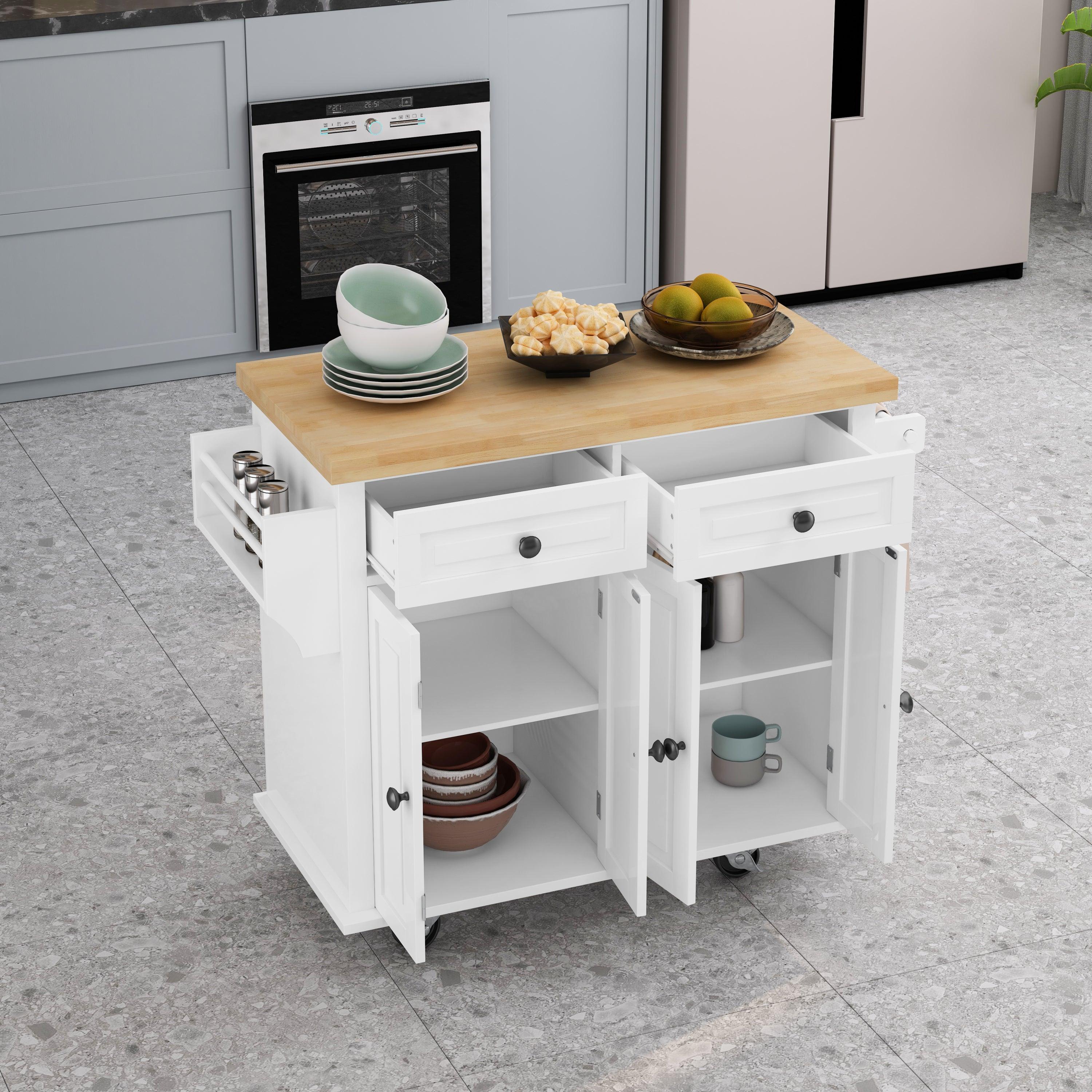 Kitchen Island Cart with TwoStorage Cabinets and Two Locking Wheels，43.31 Inch Width，4 Door Cabinet and Two Drawers，Spice Rack, Towel Rack （White）