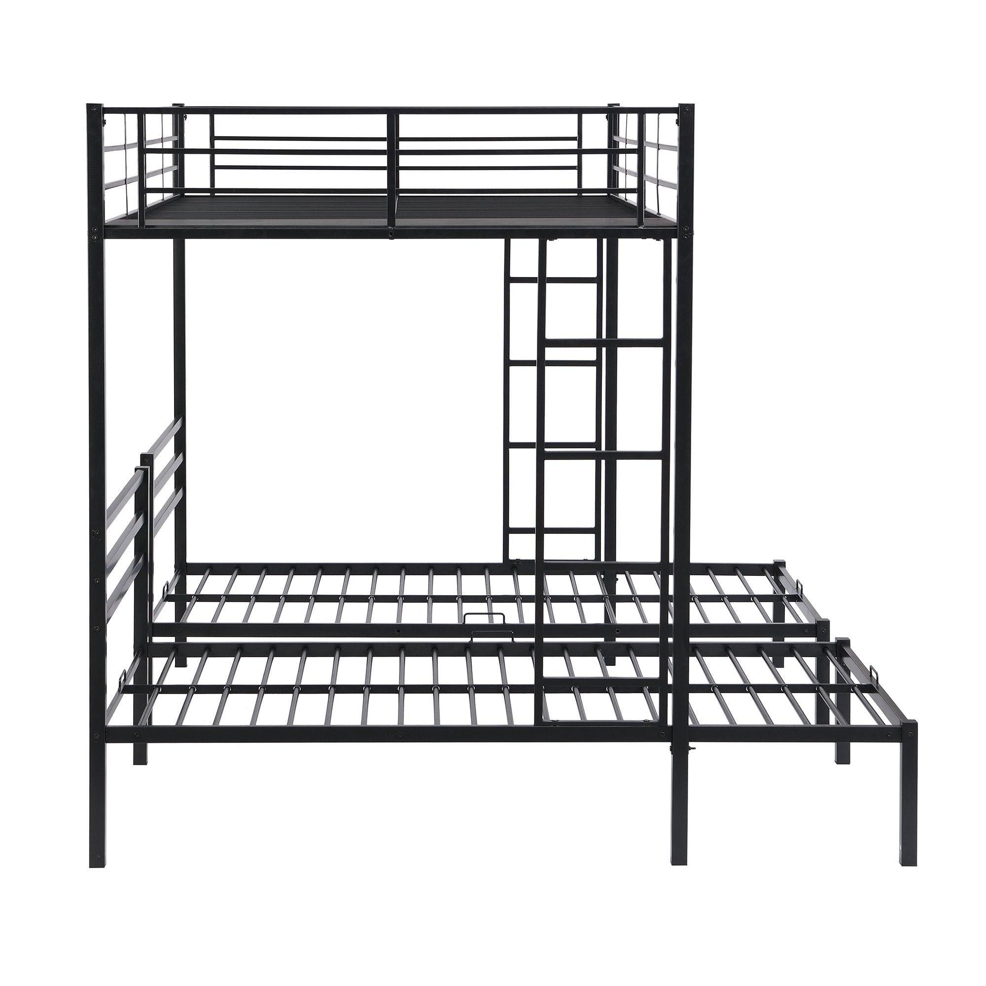 Full over Twin&Twin Size Bunk Bed with Built-in Shelf, Black