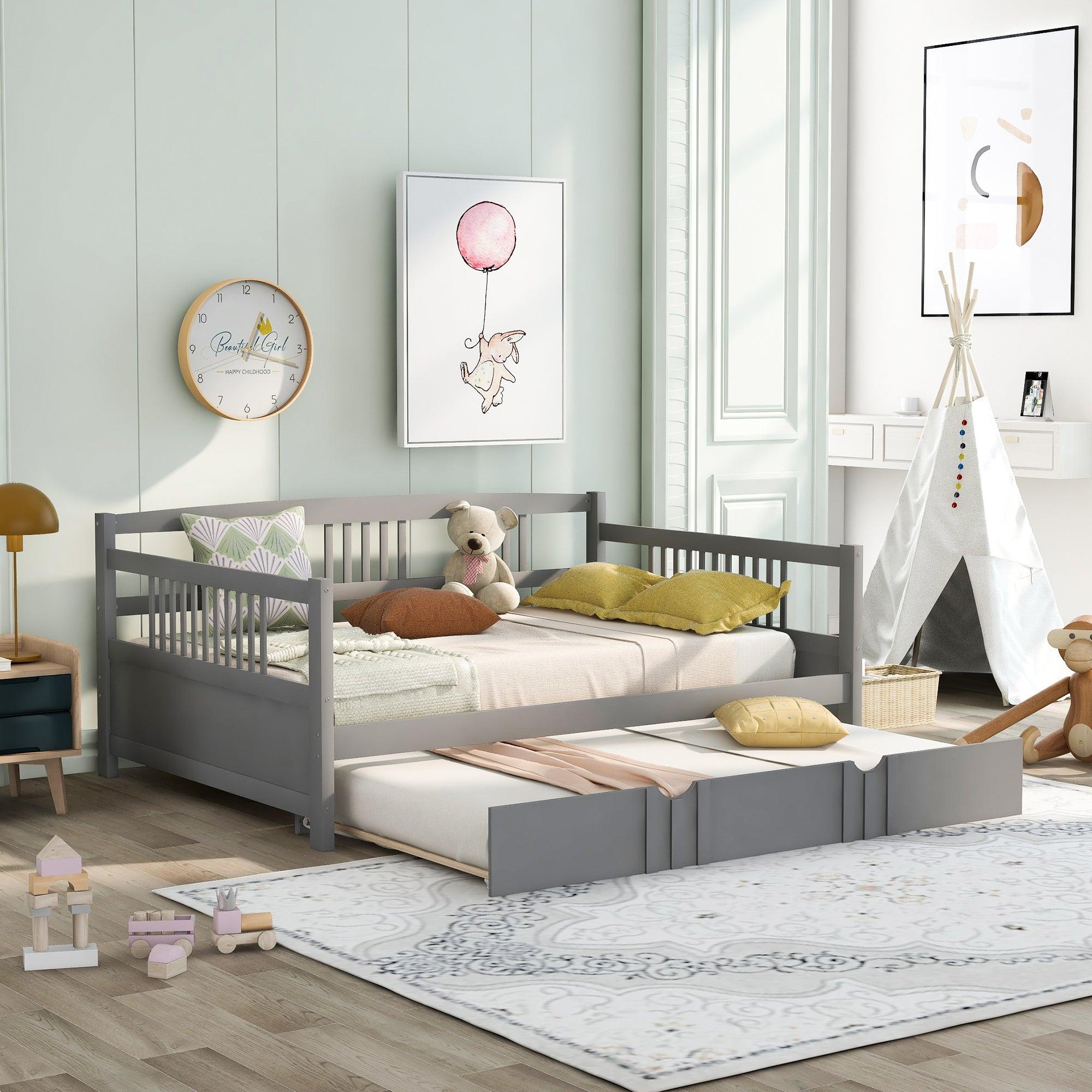 Full Size Daybed Wood Bed with Twin Size Trundle,Gray image