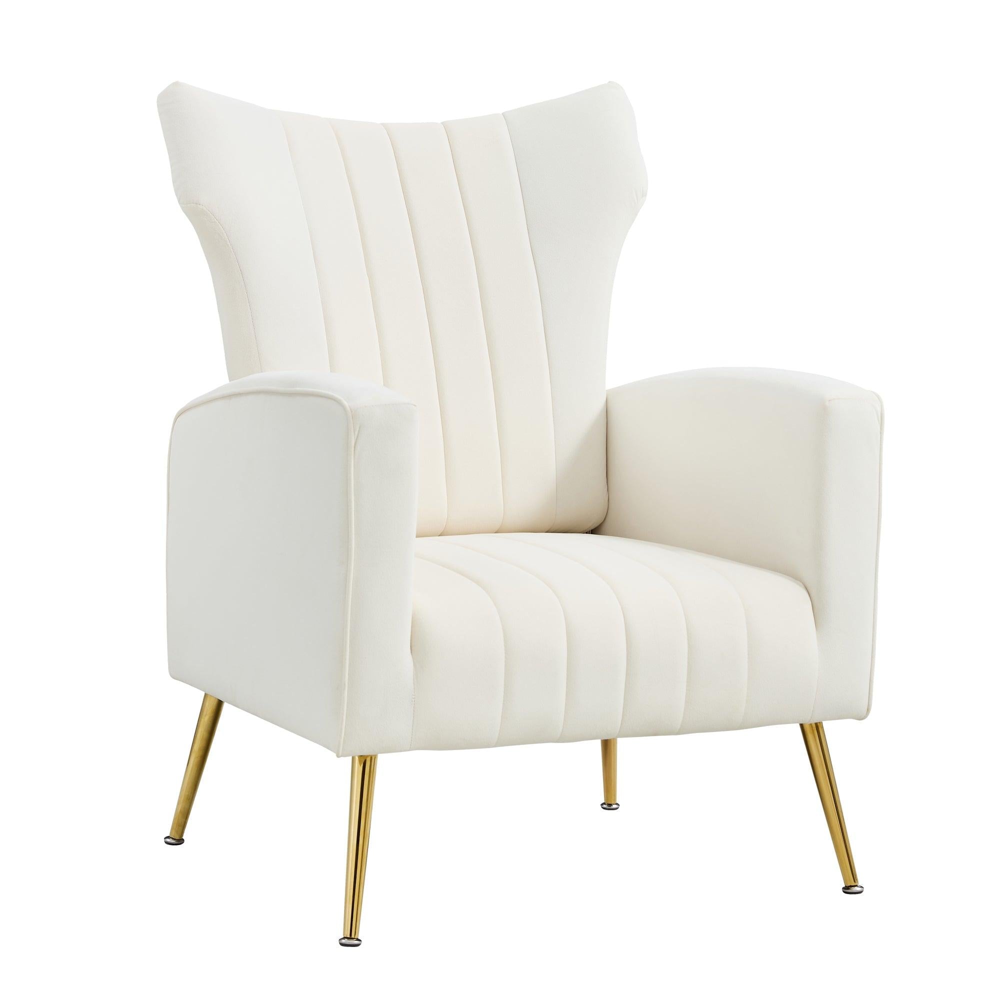 Modern Velvet Accent Chair with Arms, Wingback Reading Chair with Gold Metal Legs, Comfy Upholstered Single Leisure Sofa for Living Room Bedroom Club(Velvet+White)