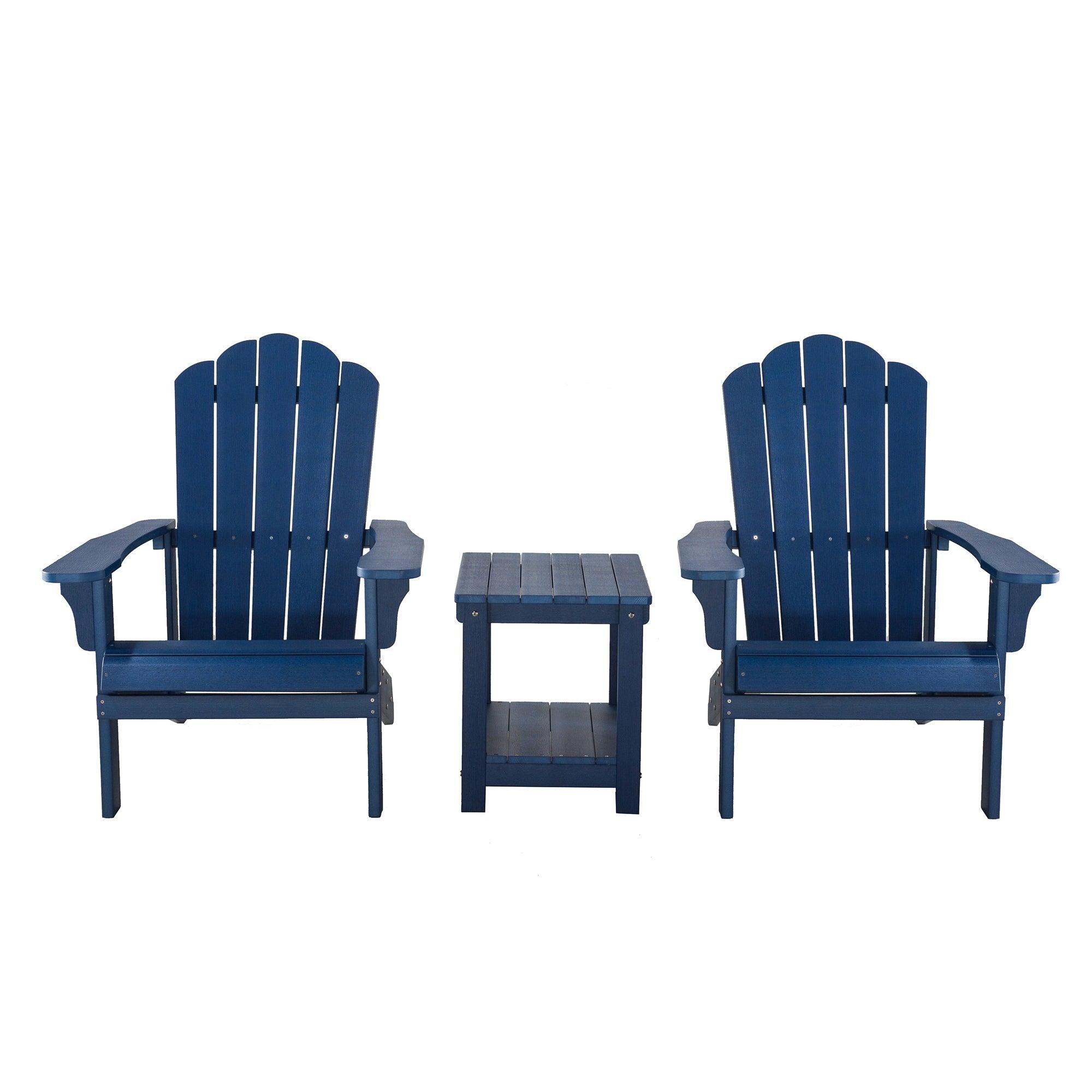 Key West 3 Piece Outdoor Patio All-Weather Plastic Wood Adirondack Bistro Set, 2 Adirondack chairs, and 1 small, side, end table set for Deck, Backyards, Garden, Lawns, Poolside, and Beaches, Blue