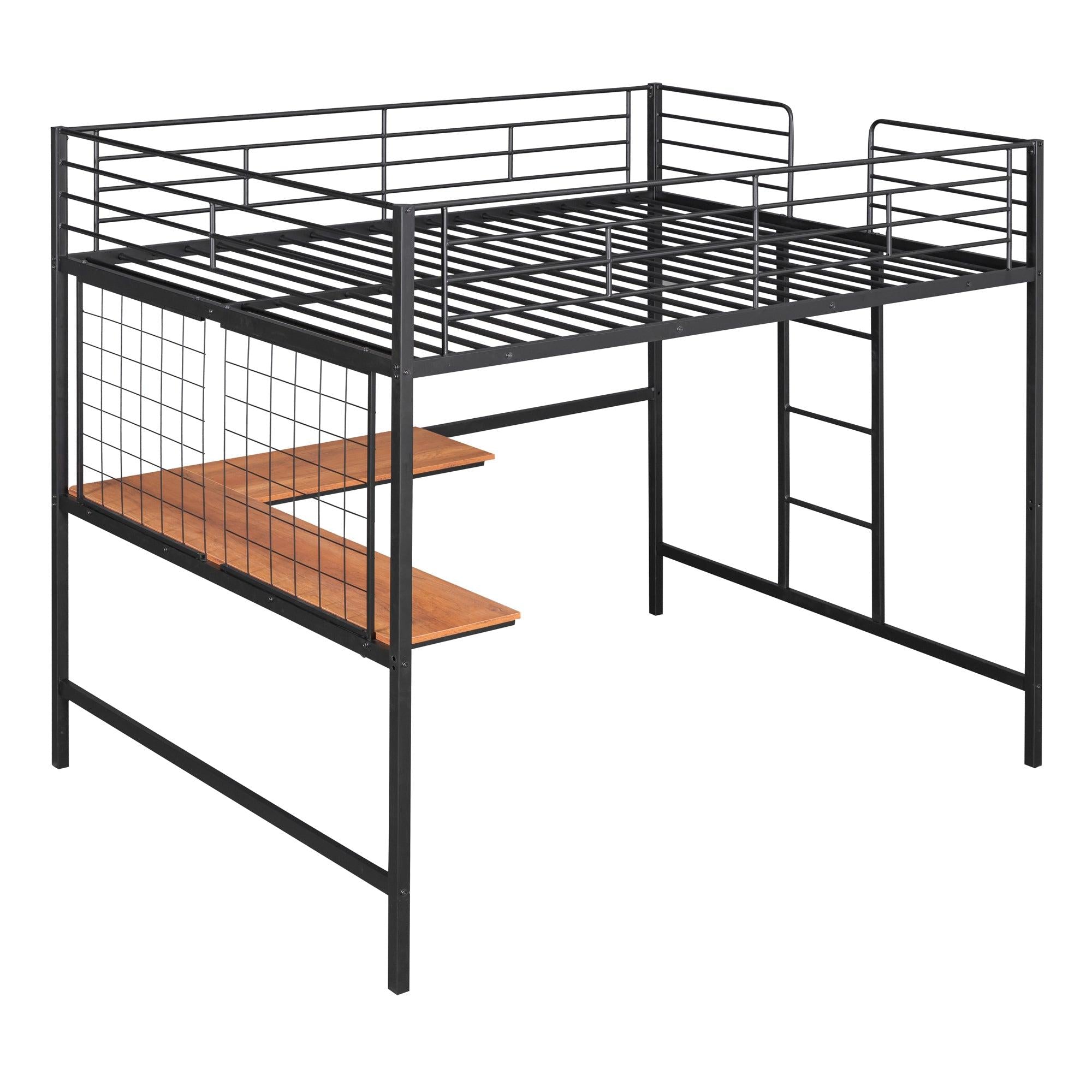 Full Metal Loft Bed with Desk and Metal Grid, Black