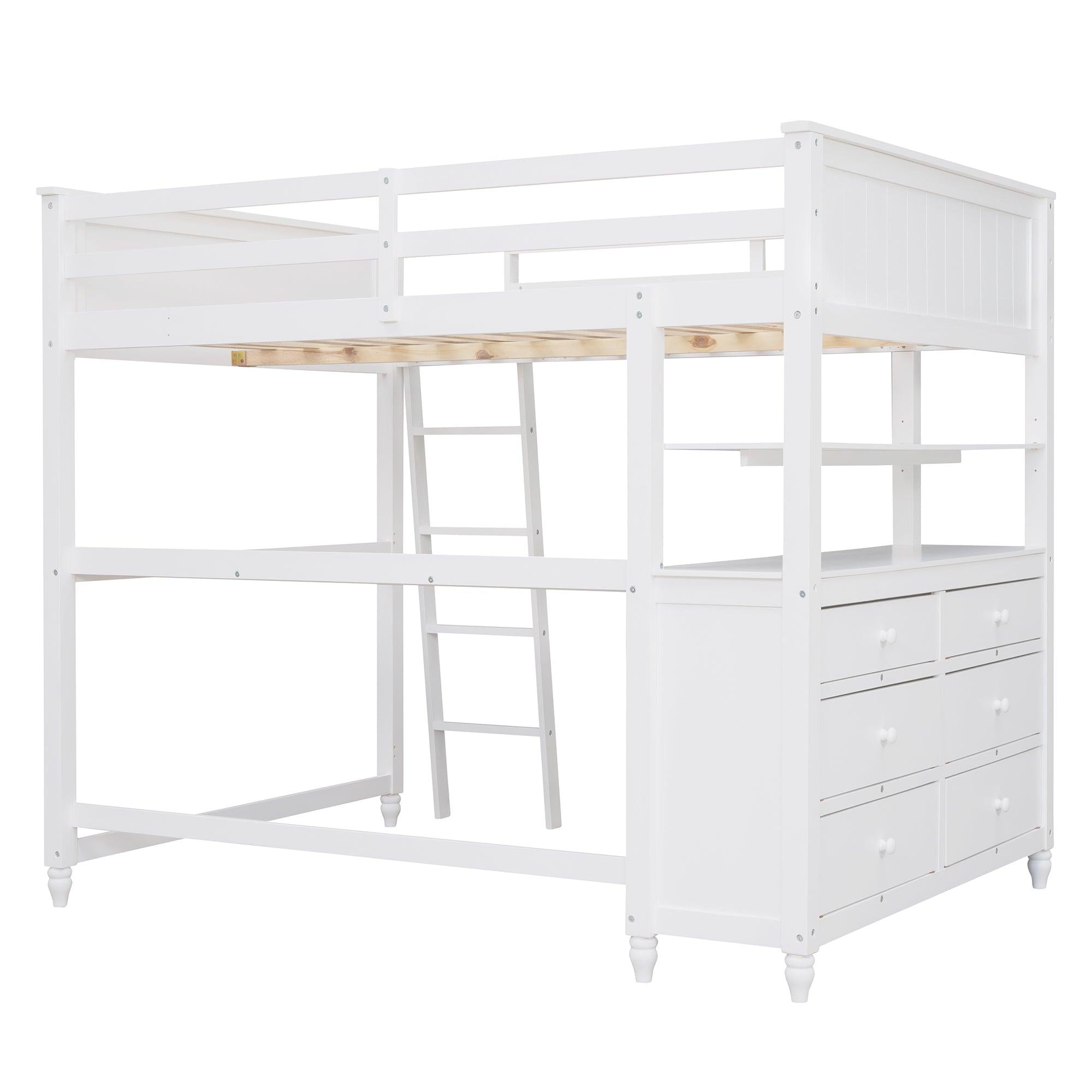 Full size Loft Bed with Drawers and Desk, Wooden Loft Bed with Shelves - White