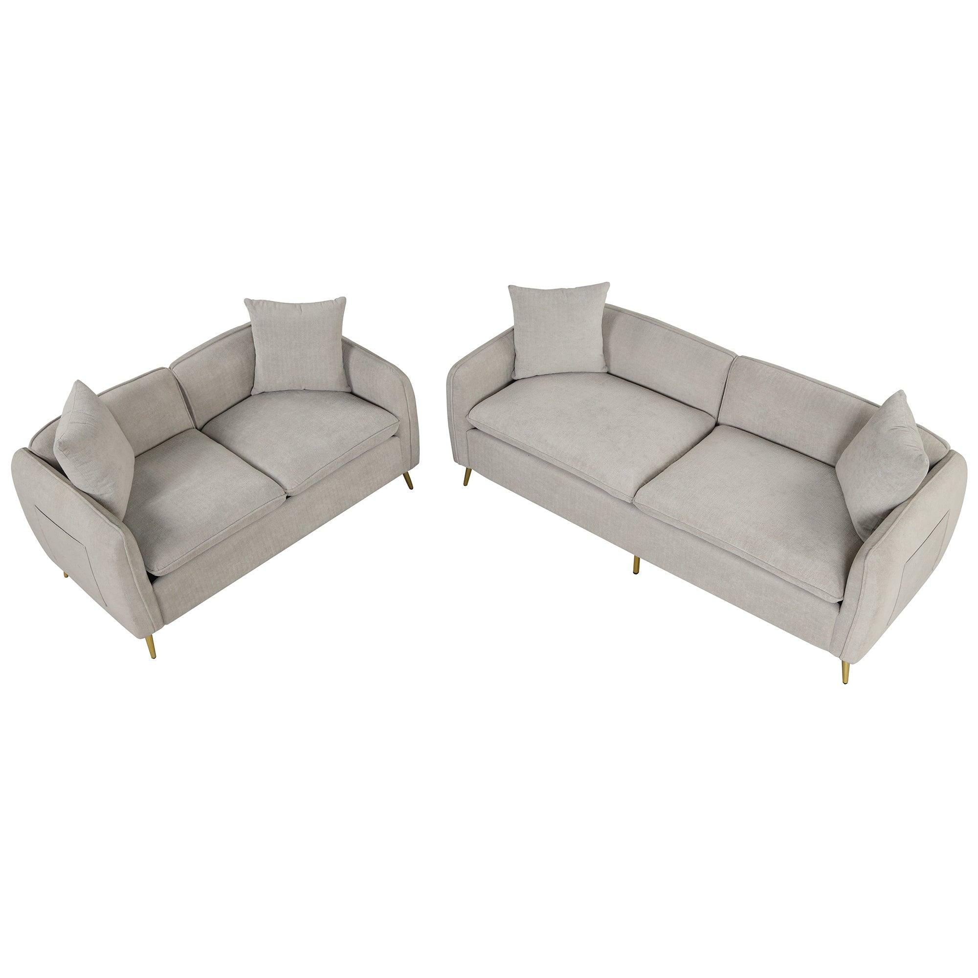 2 Piece Velvet Upholstered Sofa Sets,Loveseat and 3 Seat Couch Set Furniture with 2 Pillows and lden Metal Legs for Different Spaces,Living Room,Apartment,Gray