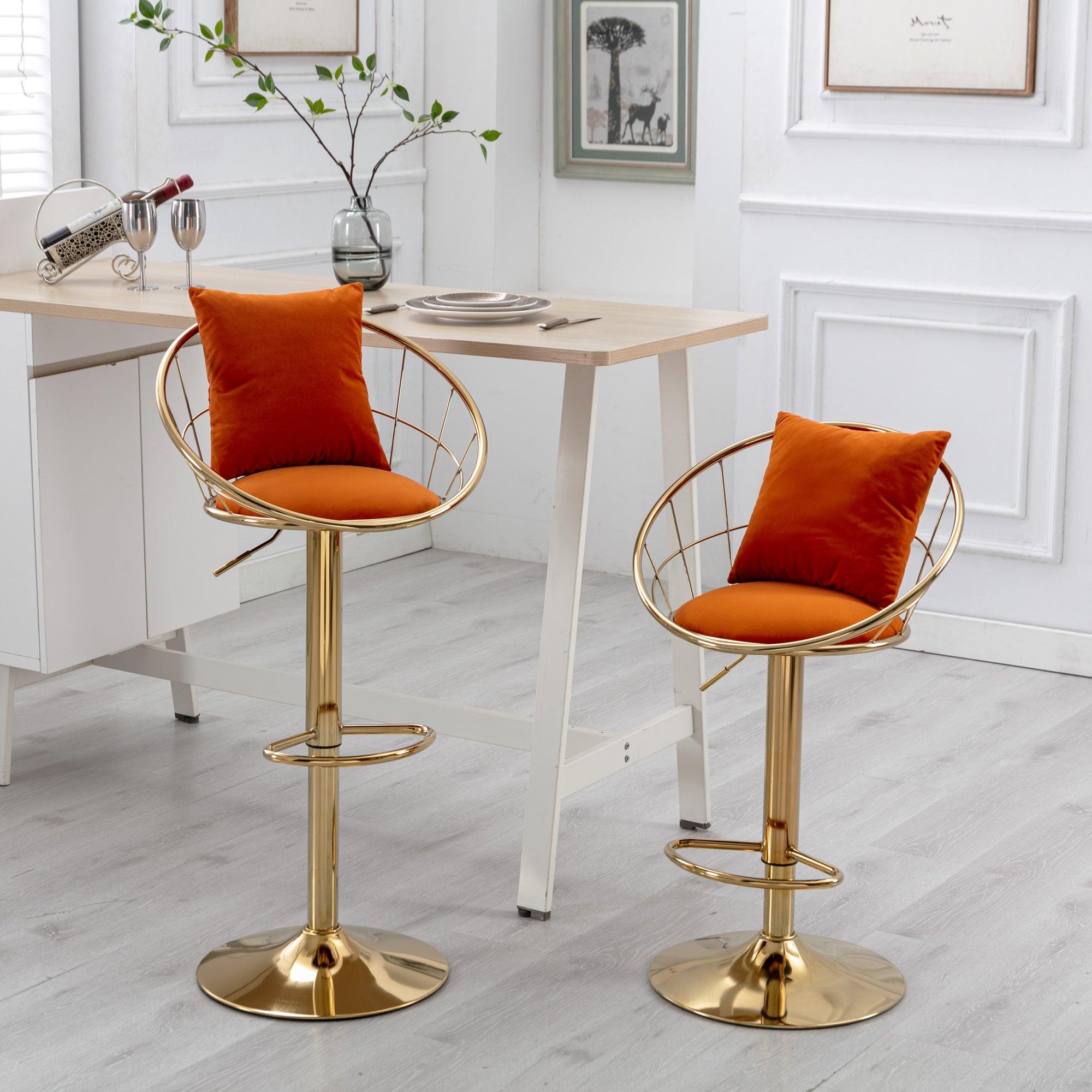 Orange velvet bar chair, pure gold plated, unique design，360 degree rotation, adjustable height，Suitable for dinning room and bar，set of 2 image