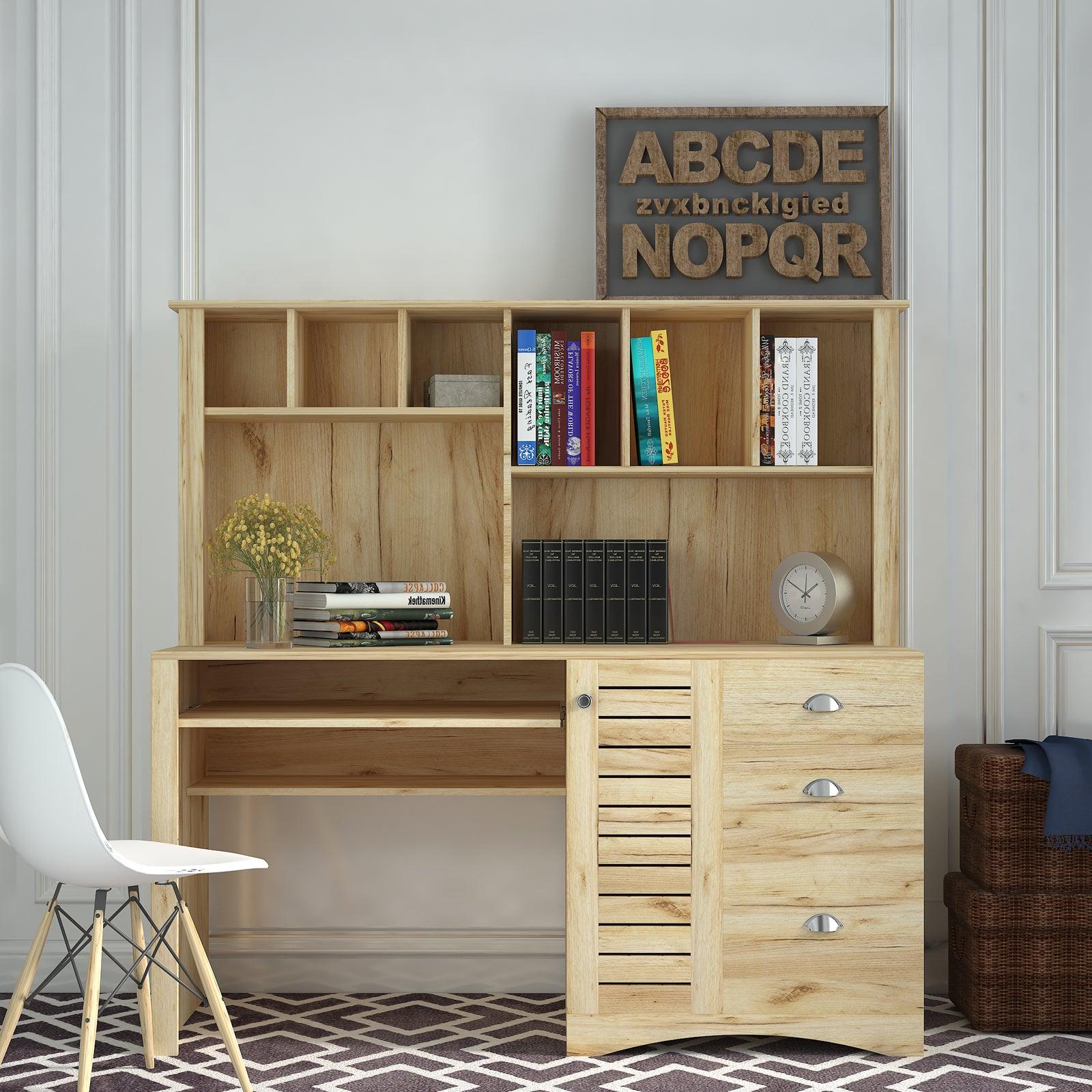 Home Office Computer Desk with Hutch,Antiqued Oak finish image