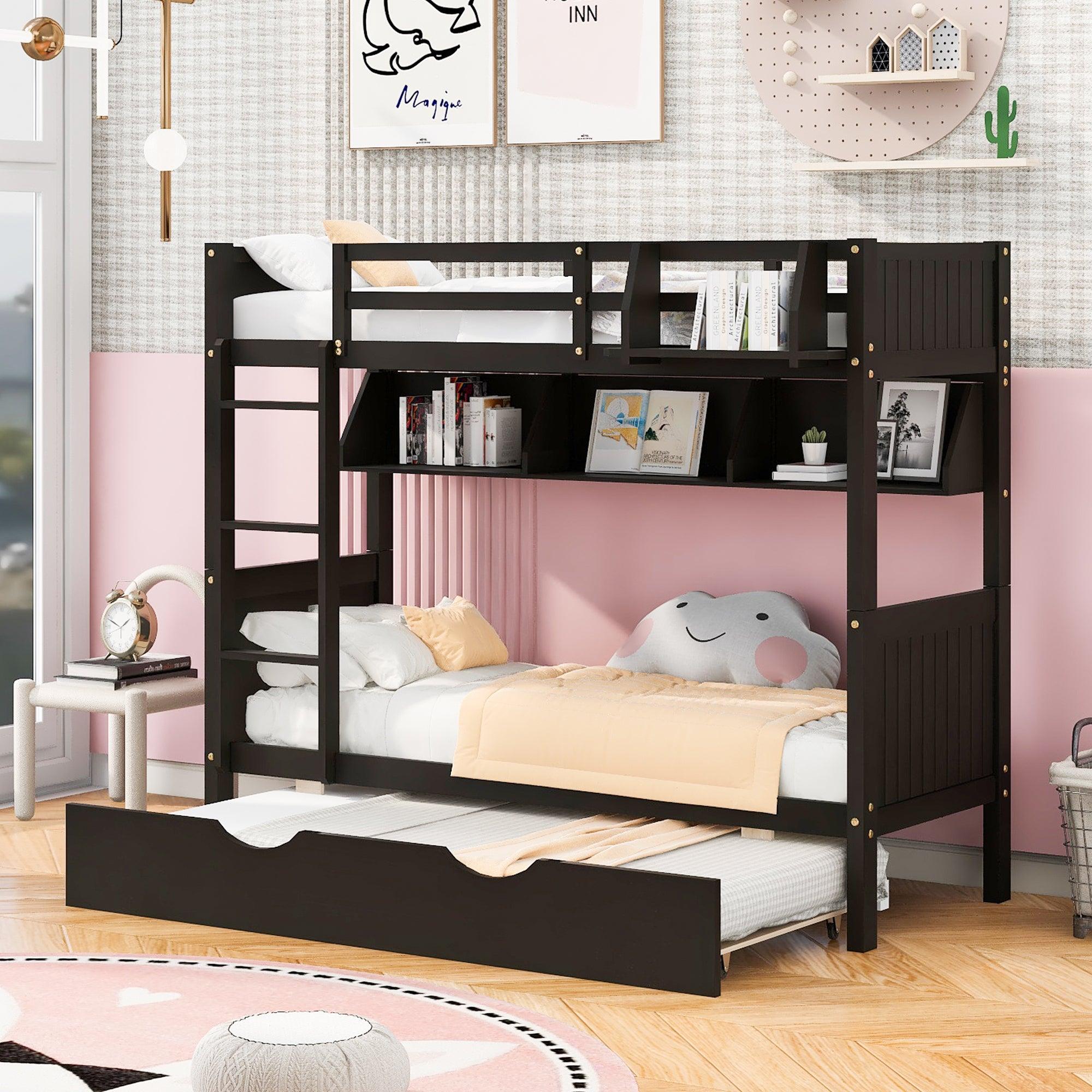 Twin-Over-Twin Bunk Bed with Twin size Trundle , Separable Bunk Bed with Bookshelf for Bedroom -Espresso image