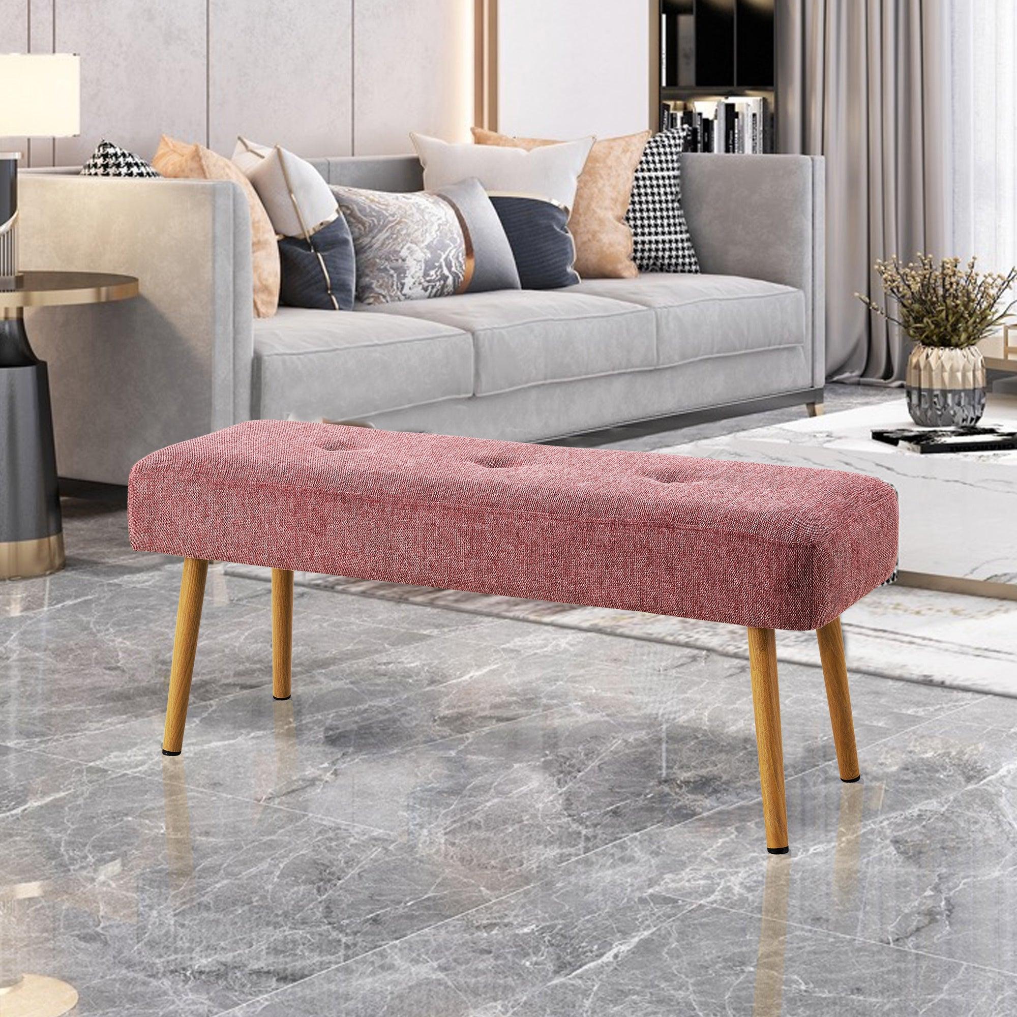 Linen Fabric Upholstered Bench With Gold Metal Legs .Shoe Changing Bench Sofa Bench Dining Chair .for to Bedroom Fitting Room, Store, Dining Room and Living Room.Dark Pink