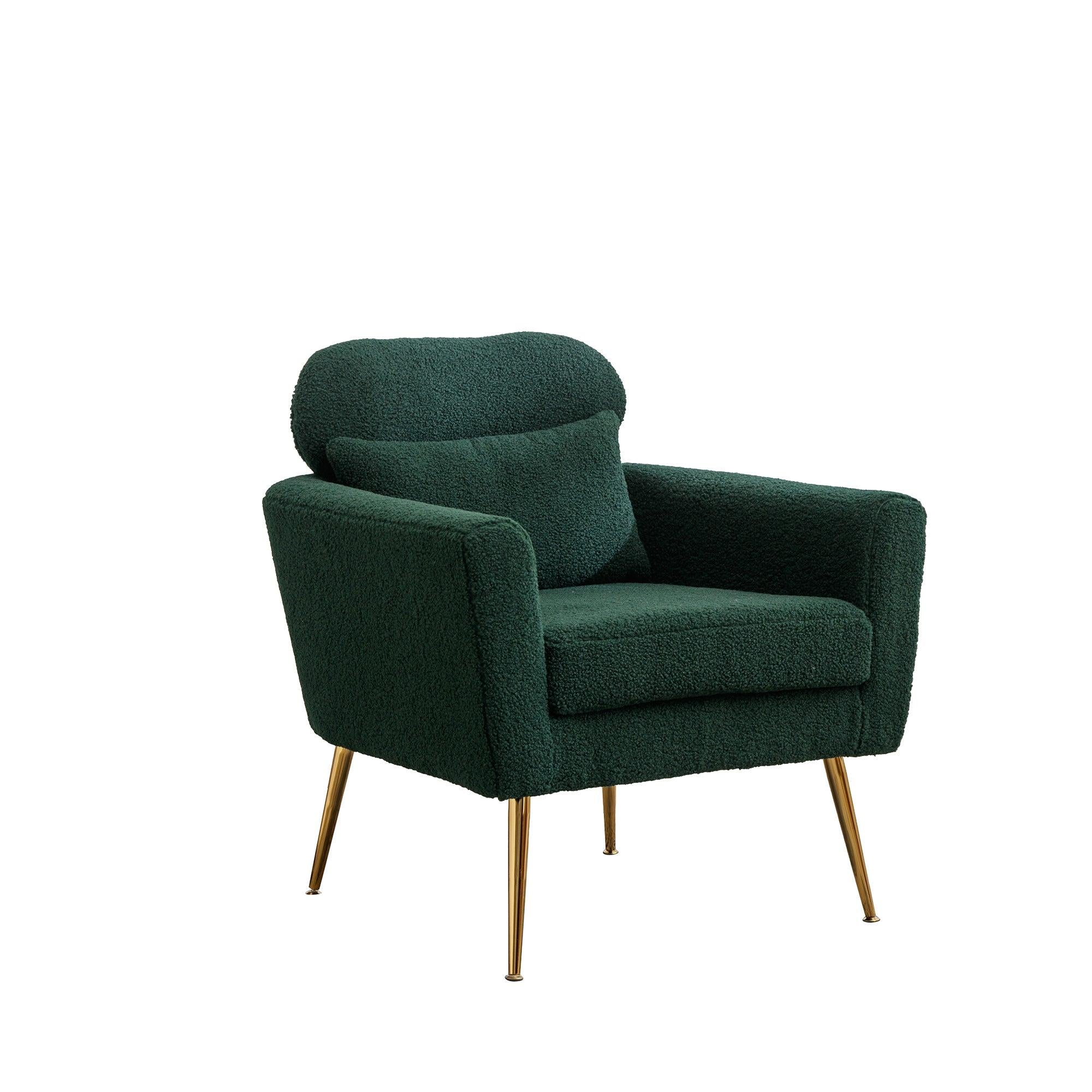 29.5"WModern Boucle Accent Chair Armchair Upholstered Reading Chair Single Sofa Leisure Club Chair with Gold Metal Leg and Throw Pillow for Living Room Bedroom Dorm Room Office, Green Boucle