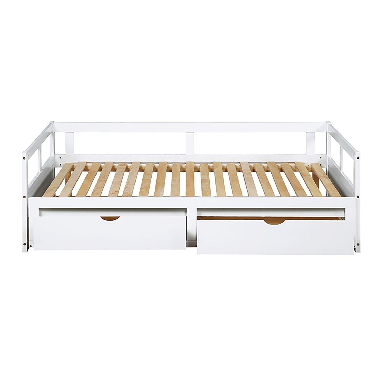 Wooden Daybed with Trundle Bed and TwoStorage Drawers , Extendable Bed Daybed,Sofa Bed for Bedroom Living Room,White