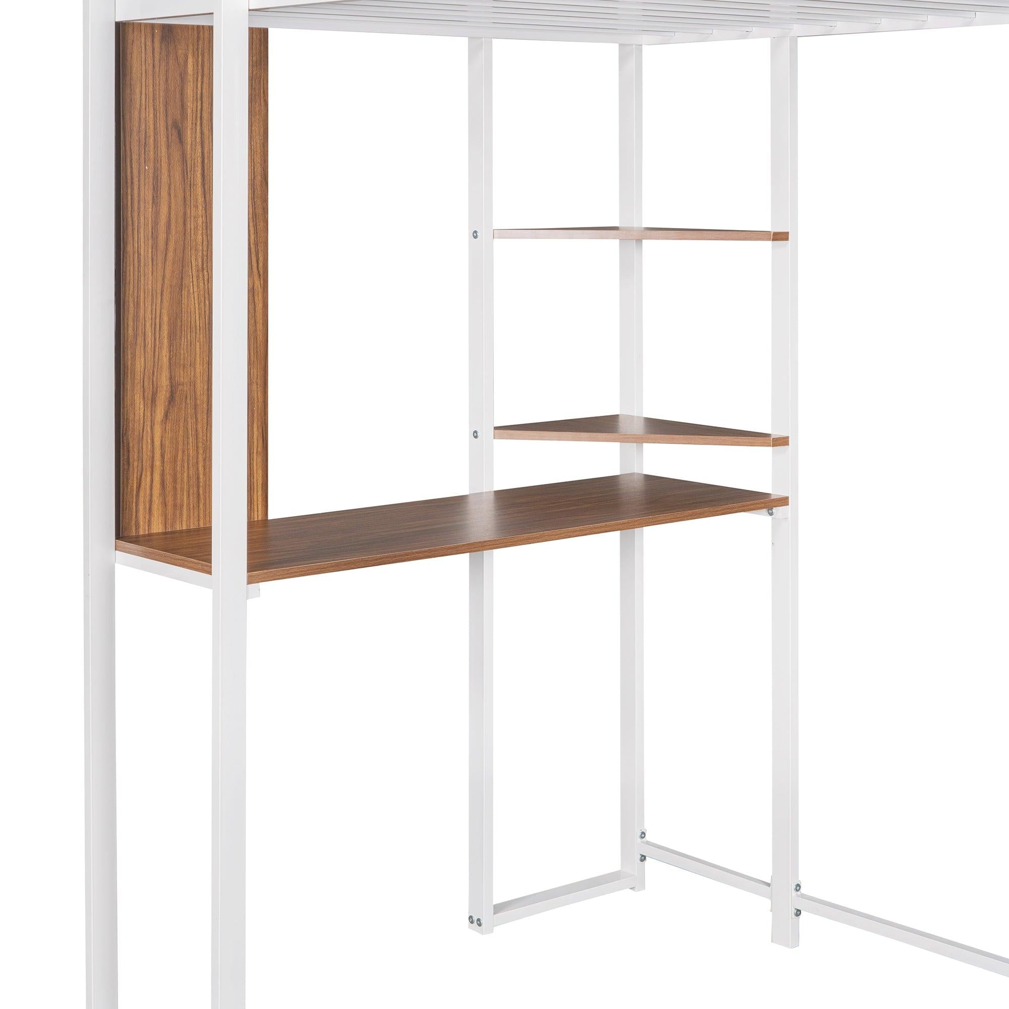 Twin Metal Loft Bed with 2 Shelves and one Desk ,WHITE