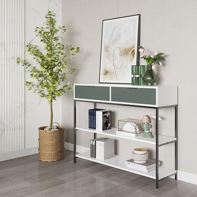 Louie White and Light Green Wood Console Table Steel Frame with Shelves and Drawers