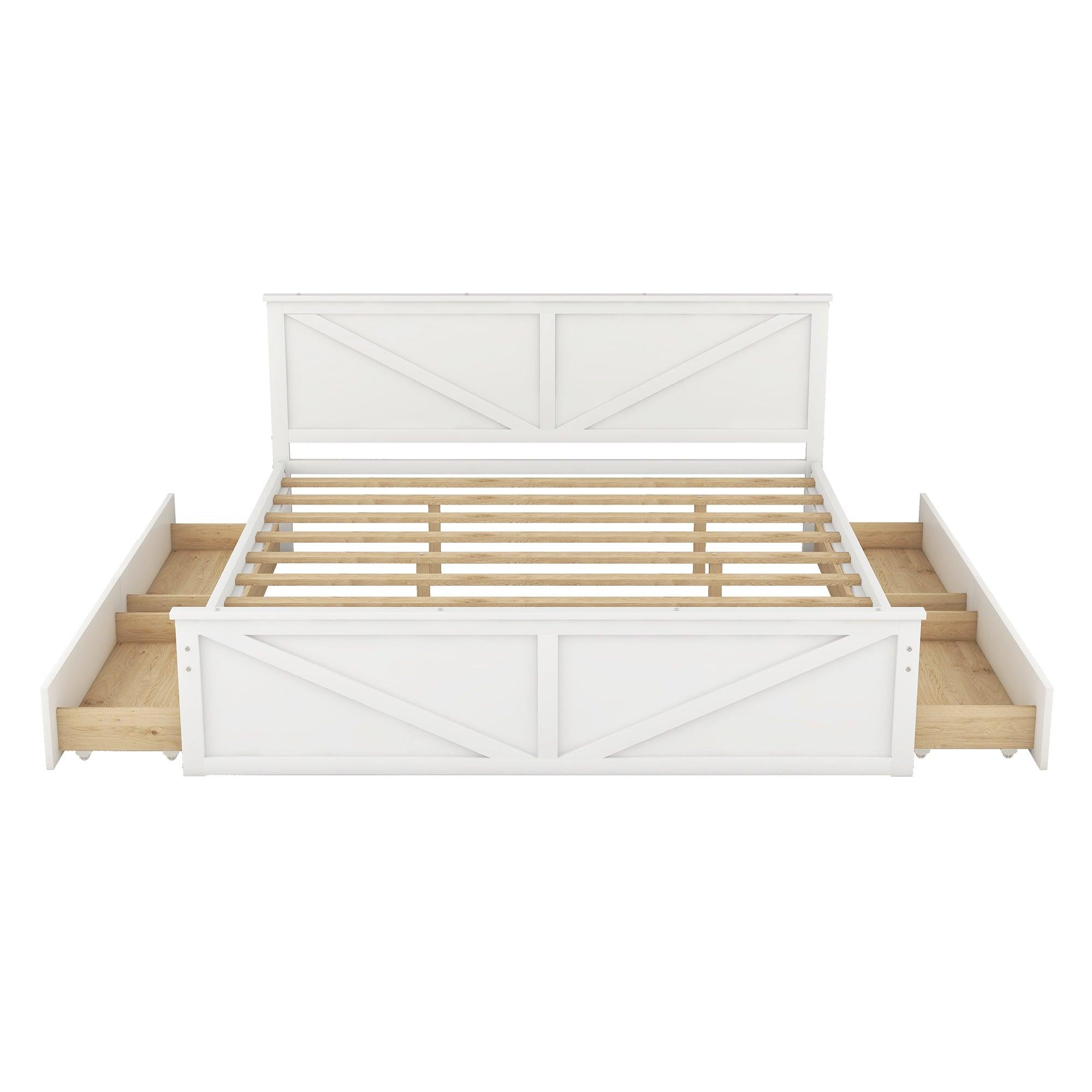 King Size Wooden Platform Bed with FourStorage Drawers and Support Legs, White