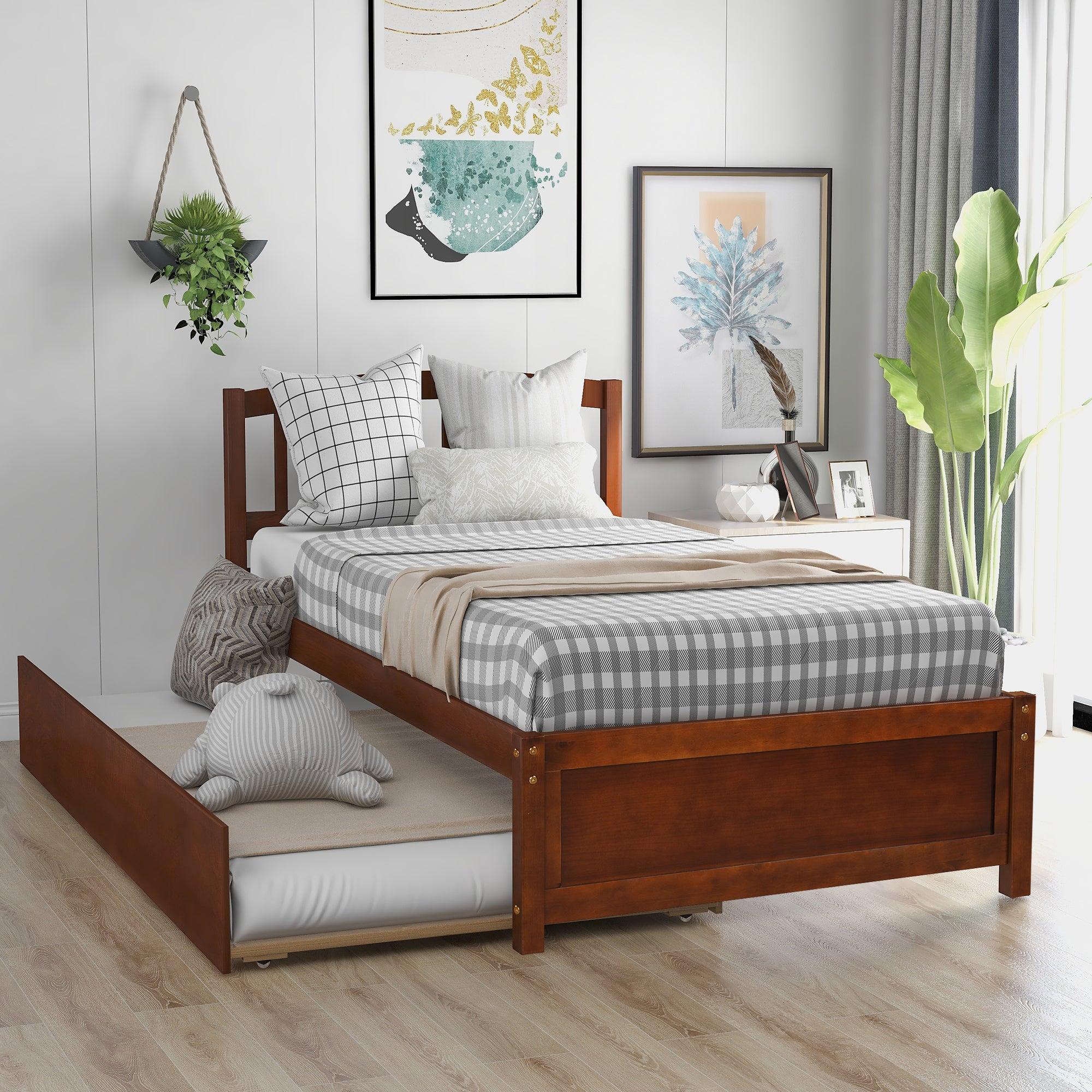 Twin size Platform Bed Wood Bed Frame with Trundle, Walnut image