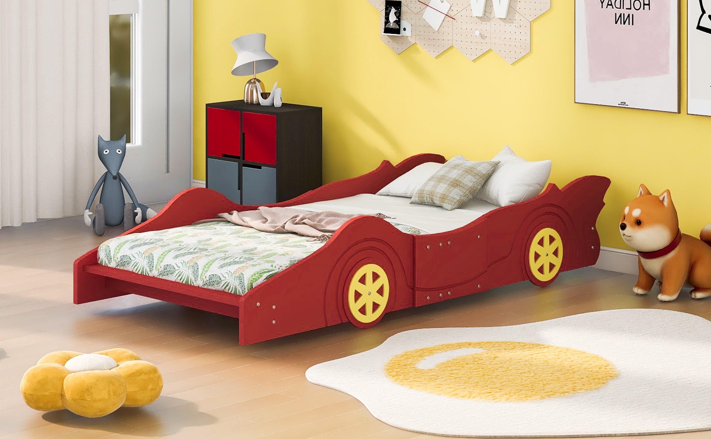 Twin Size Race Car-Shaped Platform Bed with Wheels,Red