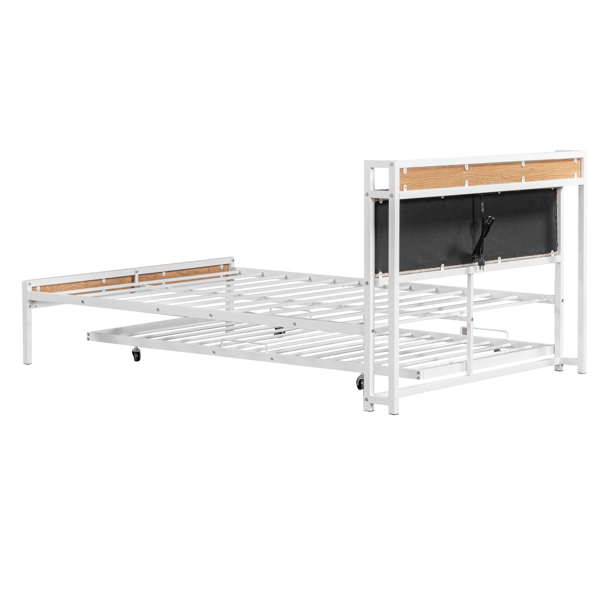 Full Size Metal Platform Bed Frame with Twin size trundle, Upholstered headboard ，Sockets, USB Ports and Slat Support ,No Box Spring Needed，White