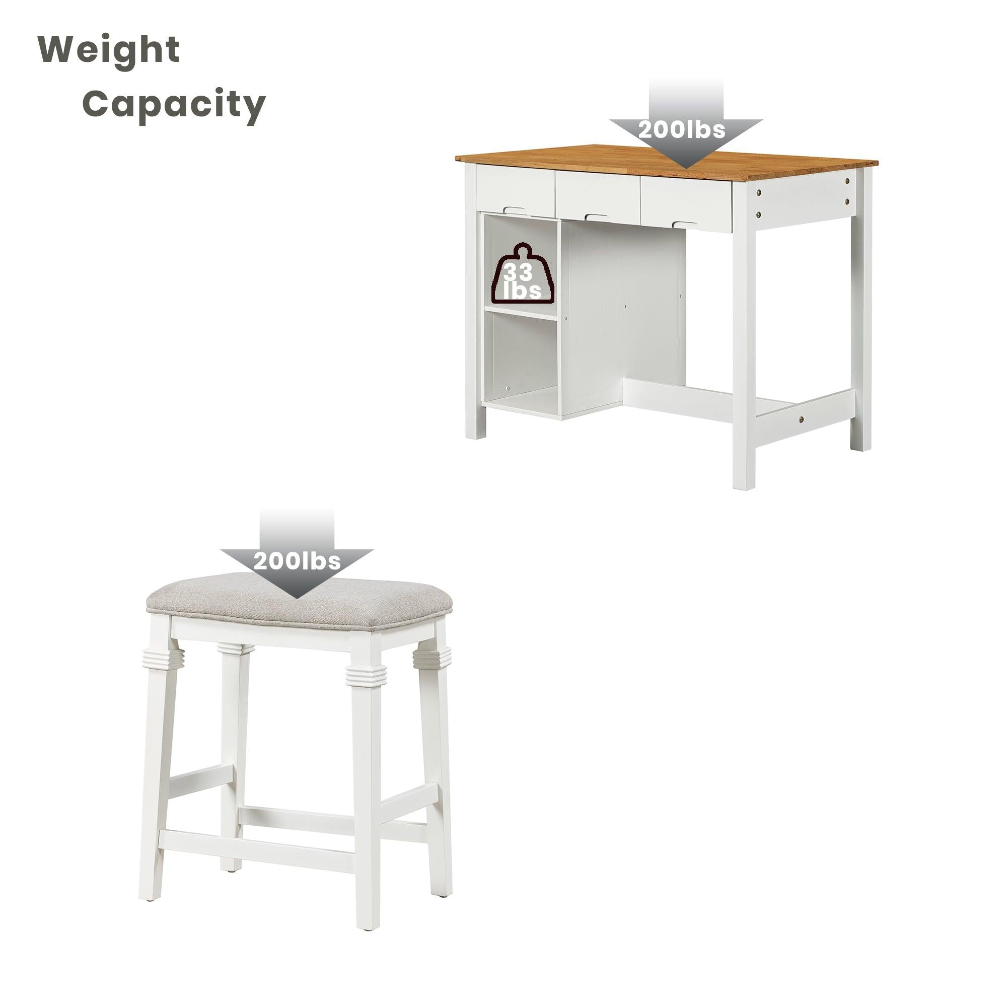 Farmhouse 3-piece 45" Stationary Rubber Wood Kitchen Island Set with 2 Seatings, Butcher Block Dining Table Set Prep Table Set with 2 Shelves and 3 Drawers for Small Places,White