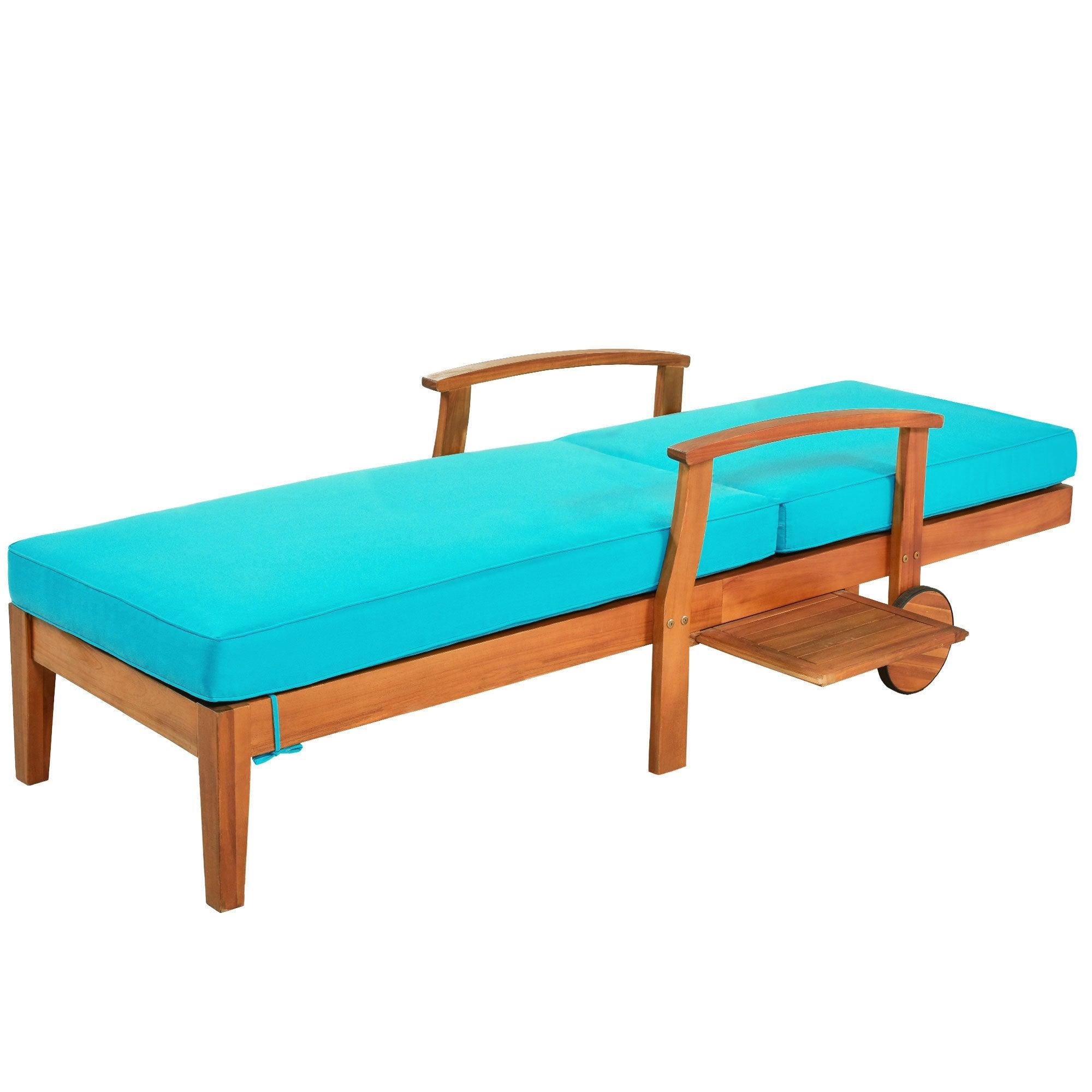 78.8" Outdoor Patio Solid Wood Chaise Lounge Reclining Daybed with Blue Cushion, Wheels and Sliding Cup Table