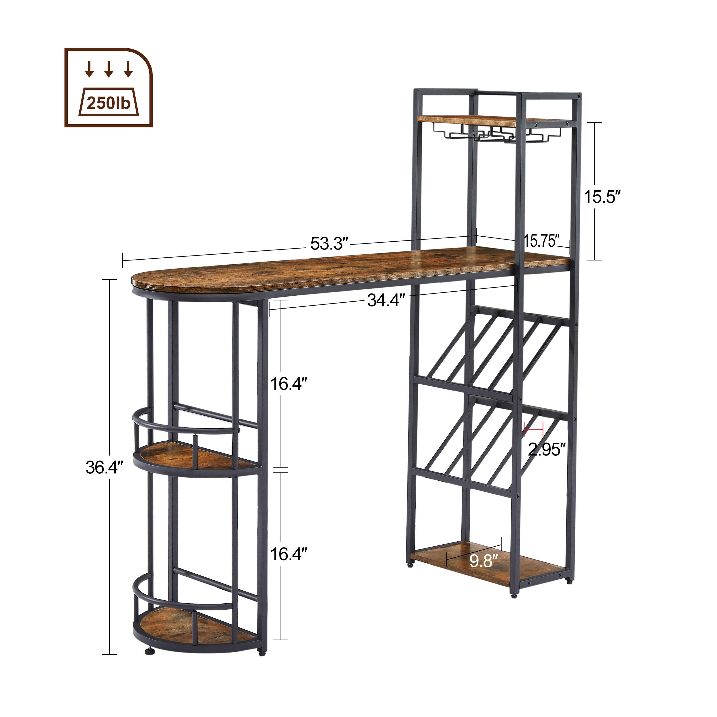 Bar table with bottle holder and glass holder, multifunctional high bar table, can hold 8 bottles of wine and 9 glasses, with sideStorage.(Rustic Brown,53.3’’w x 15.75’’d x 36.4’’h)