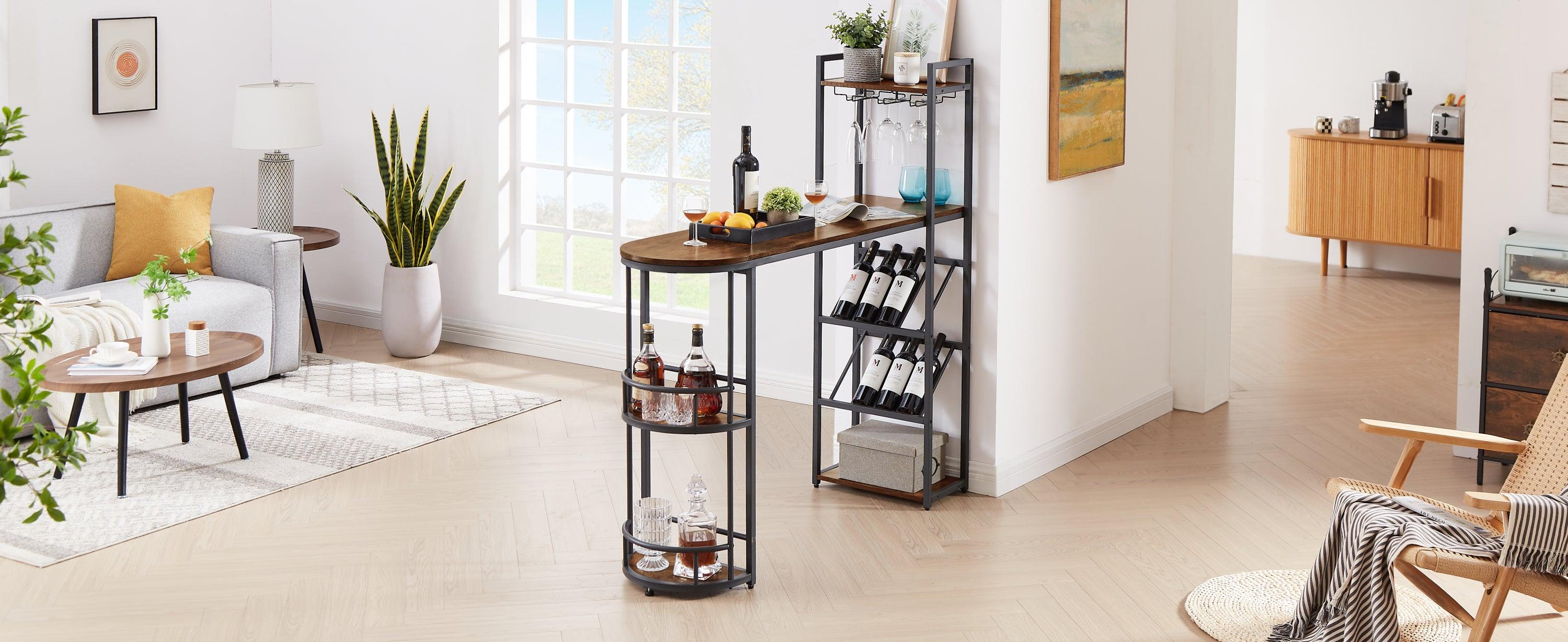 Bar table with bottle holder and glass holder, multifunctional high bar table, can hold 8 bottles of wine and 9 glasses, with sideStorage.(Rustic Brown,53.3’’w x 15.75’’d x 36.4’’h)