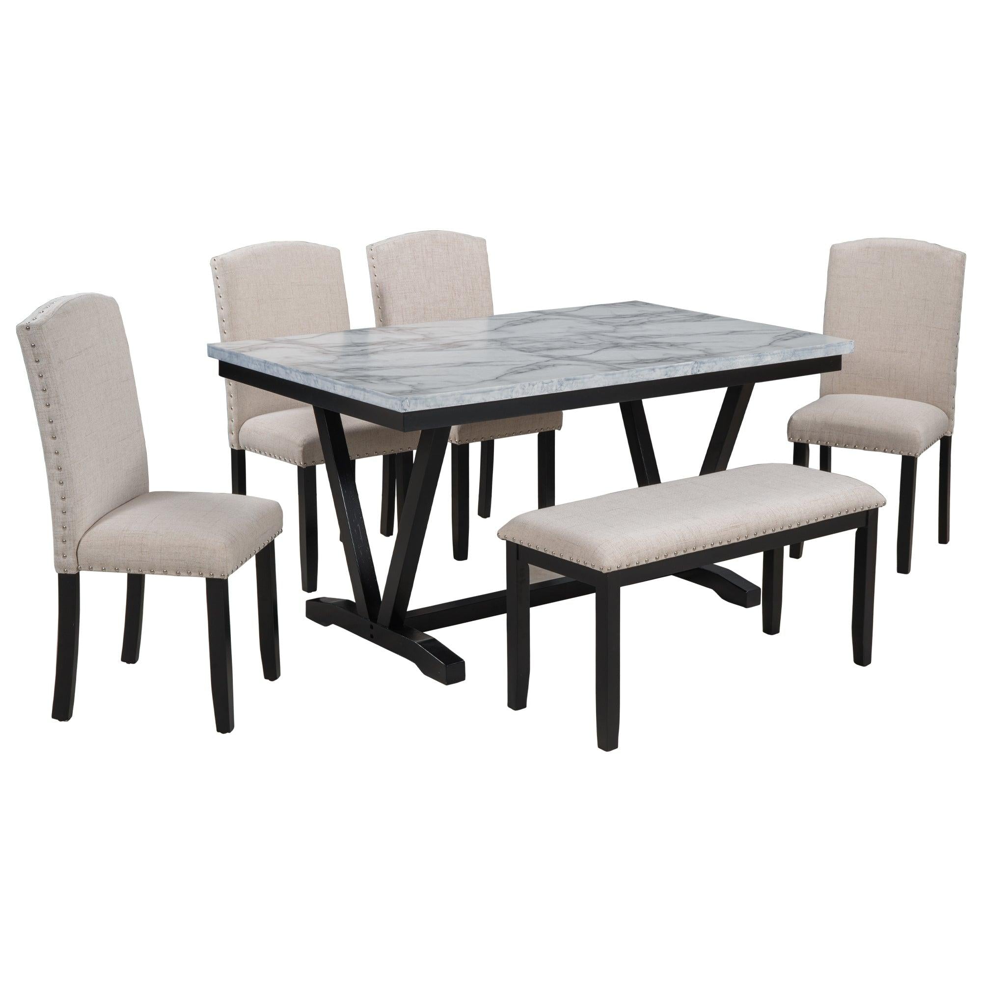 Modern Style 6-piece Dining Table with 4 Chairs & 1 Bench, Table with Marbled Veneers Tabletop and V-shaped Table Legs (White)