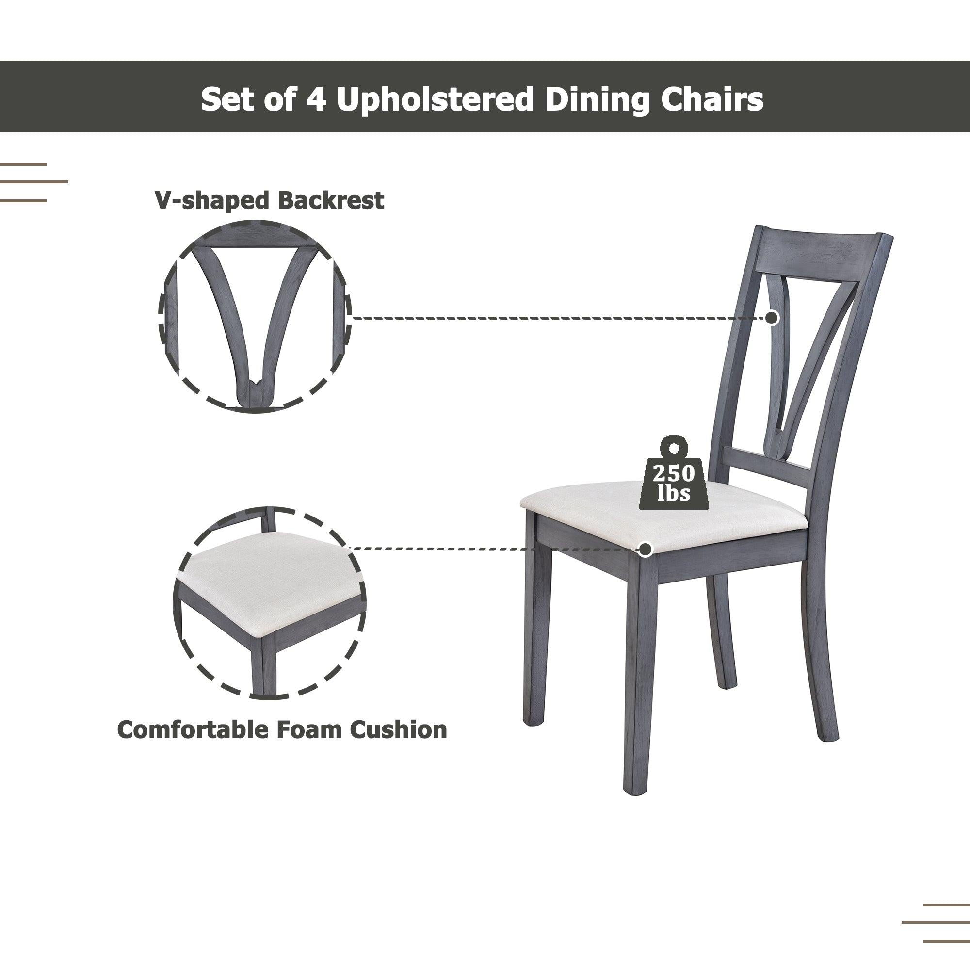 Mid-Century Wood 5-Piece Dining Table Set with 4 Upholstered Dining Chairs for Small Places, Antique Grey