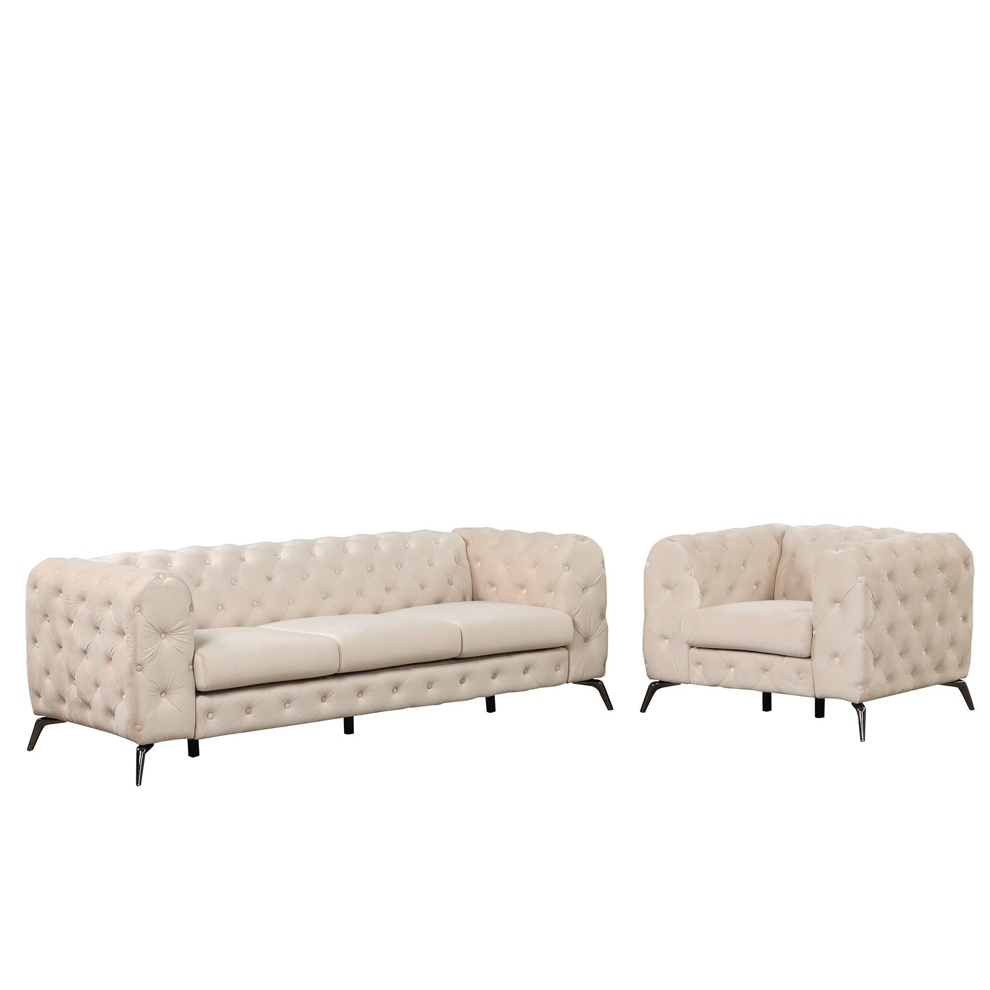 Modern 3-Piece Sofa Sets with Sturdy Metal Legs,Velvet Upholstered Couches Sets Including Three Seat Sofa, Loveseat and Single Chair for Living Room Furniture Set,Beige