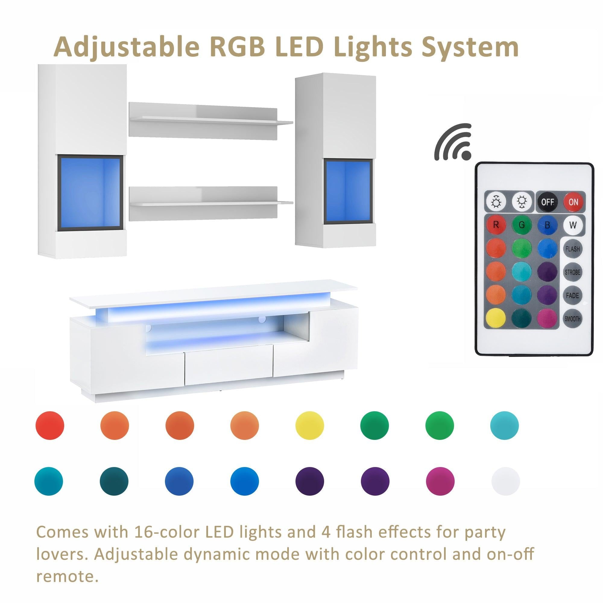 Stylish Functional TV stand, 5 Pieces Floating TV Stand Set, High Gloss Wall Mounted Entertainment Center with 16-color LED Light Strips for 75+ inch TV, White