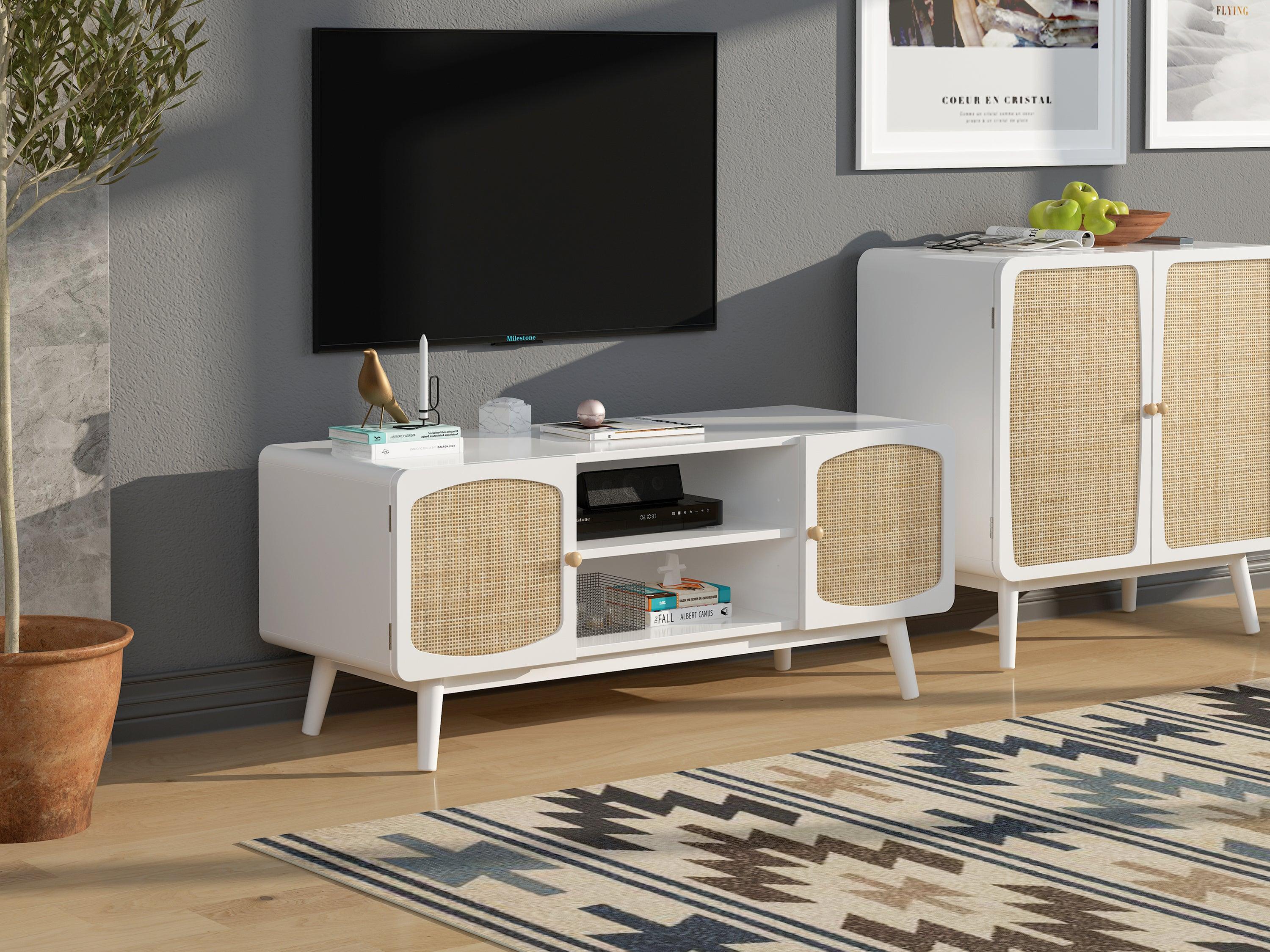 White TV Console with Rattan Door, Boho TV Stand for Bedroom, Living Room