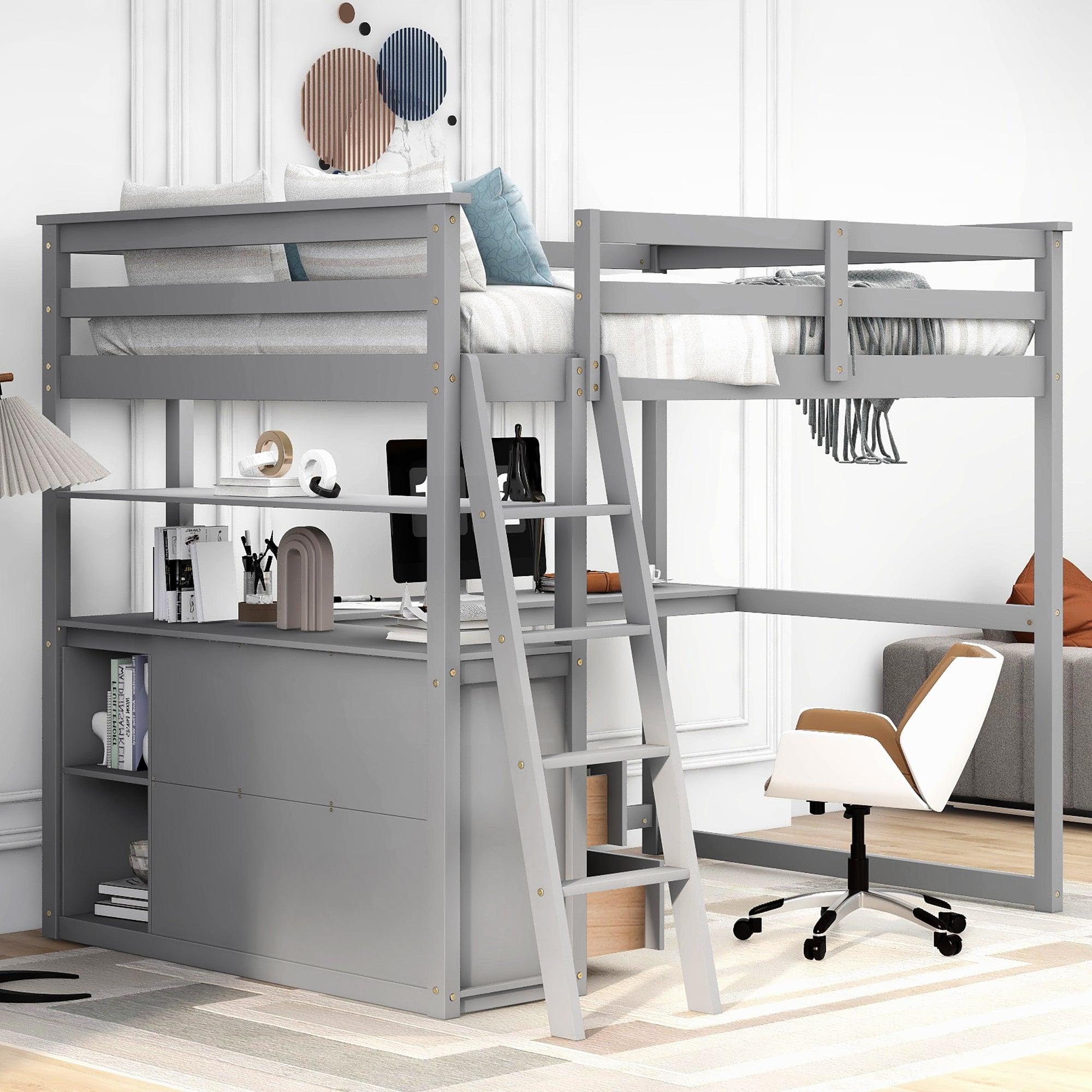 Full Size Loft Bed with Desk and Shelves,Two Built-in Drawers,Gray