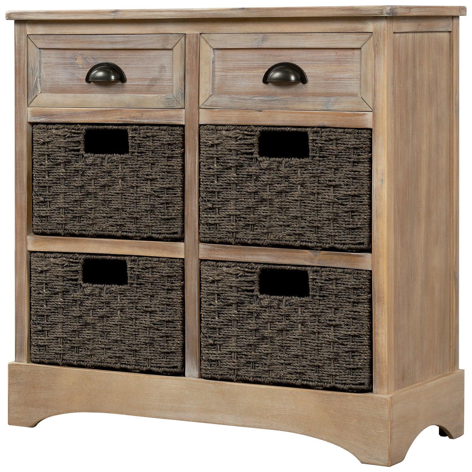 RusticStorage Cabinet with Two Drawers and Four Classic Rattan Basket for Dining Room/Living Room (White Washed)