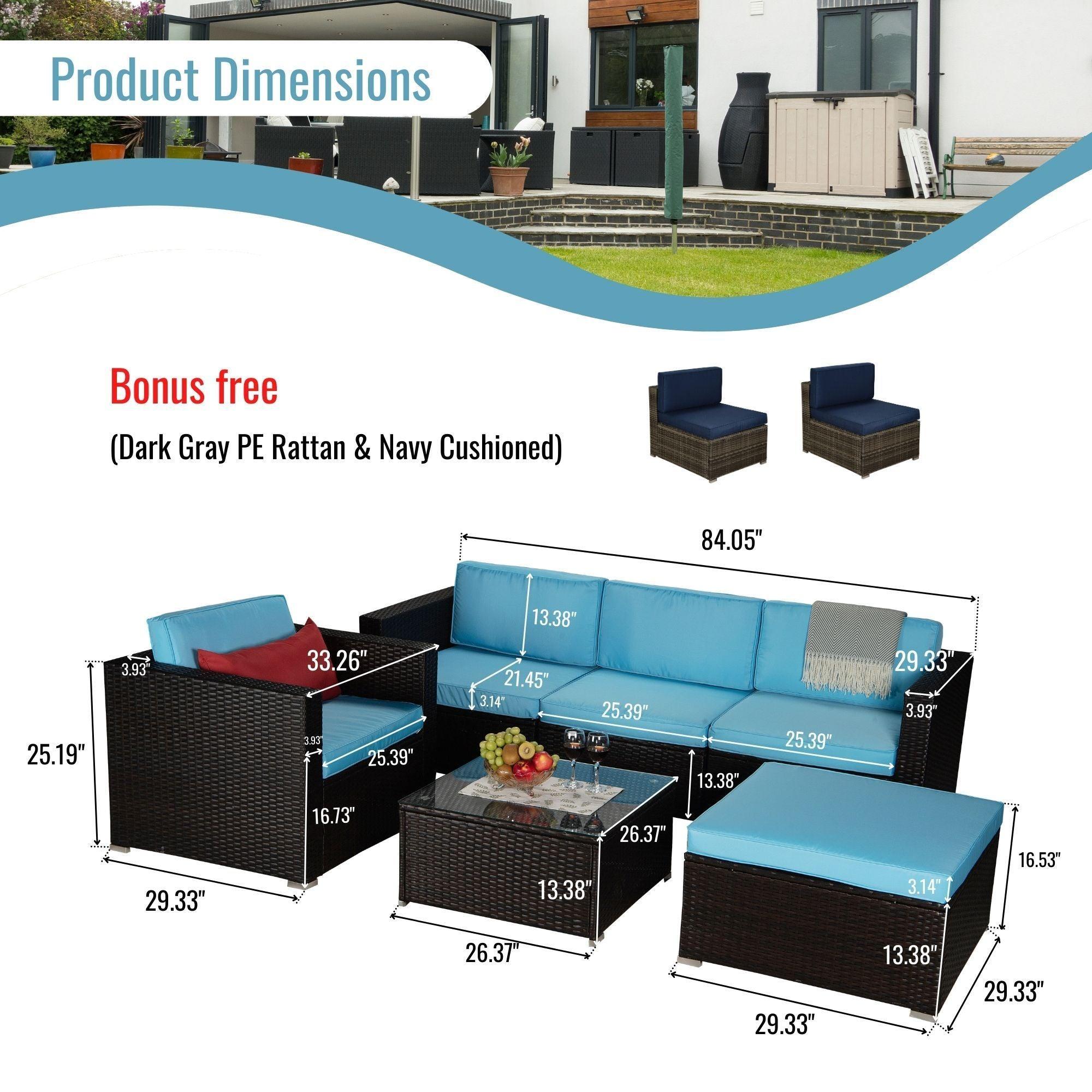 Outdoor Garden Patio Furniture 8-Piece Brown PE Rattan Wicker Sectional Blue Cushioned Sofa Sets