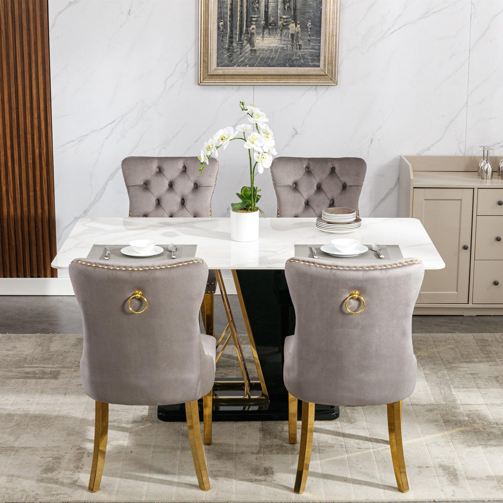 Nikki CollectionModern, High-end Tufted Solid Wood Contemporary Velvet Upholstered Dining Chair with Golden Stainless Steel Plating Legs,Nailhead Trim,Set of 2,Gray and Gold, SW1601GY