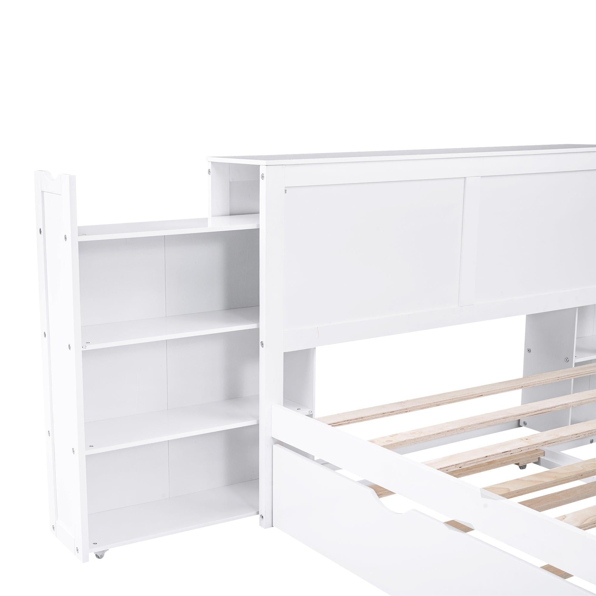 Full SizeStorage Platform Bed with Pull Out Shelves and Twin Size Trundle, White