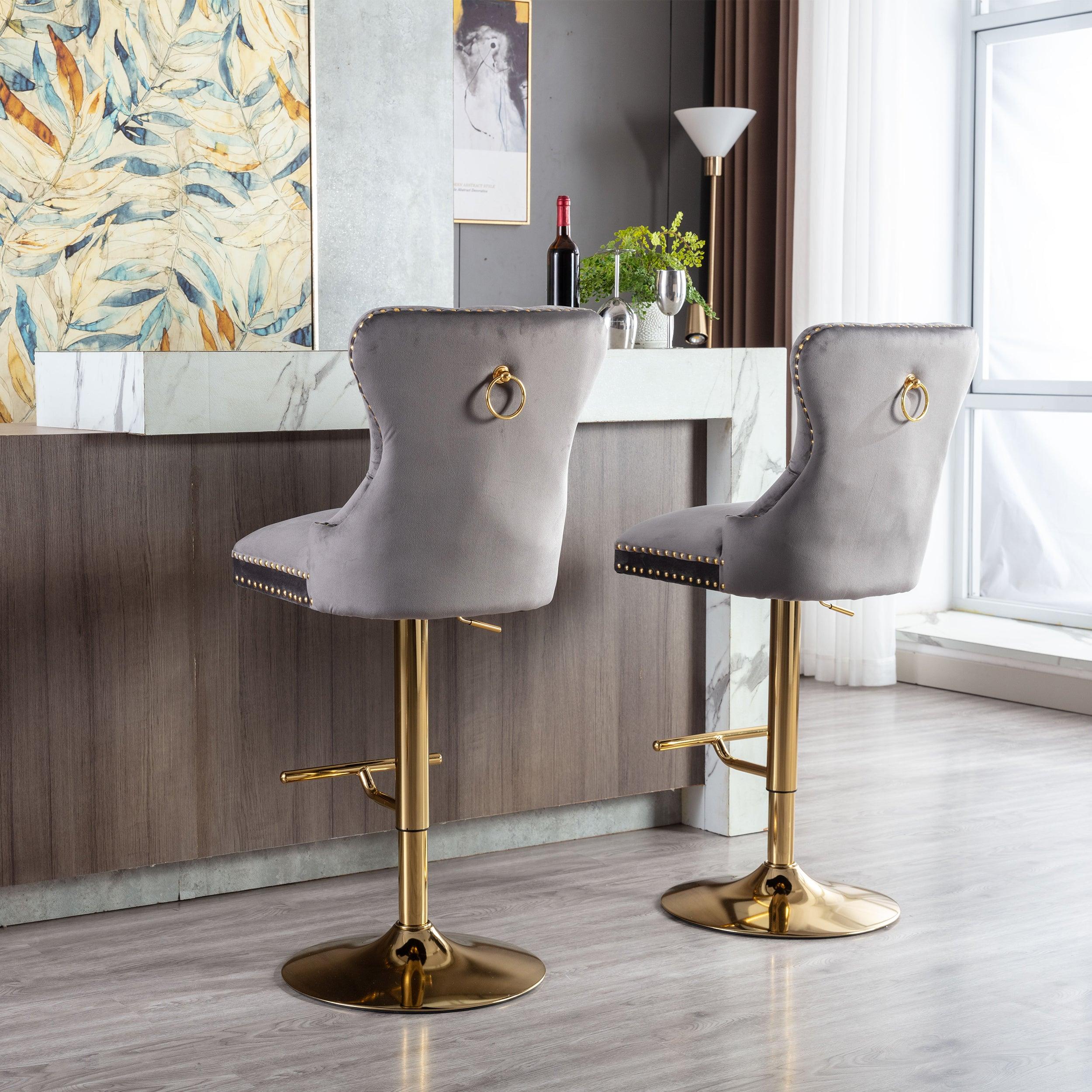 Swivel Bar Stools Chair Set of 2Modern Adjustable Counter Height Bar Stools, Velvet Upholstered Stool with Tufted High Back & Ring Pull for Kitchen , Chrome Golden Base, Grey