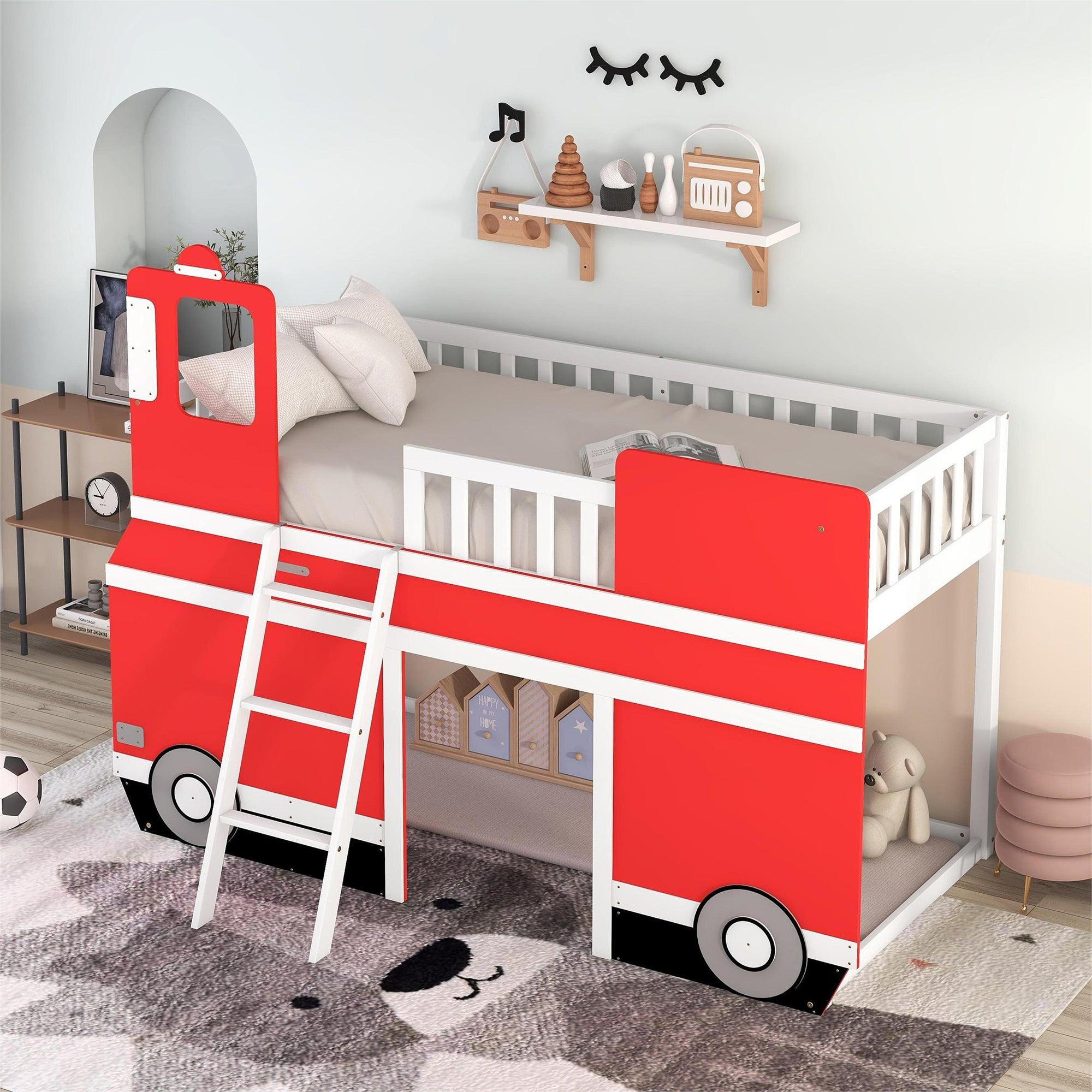 Twin Size Bus Shaped Loft Bed with UnderbedStorage Space,Red