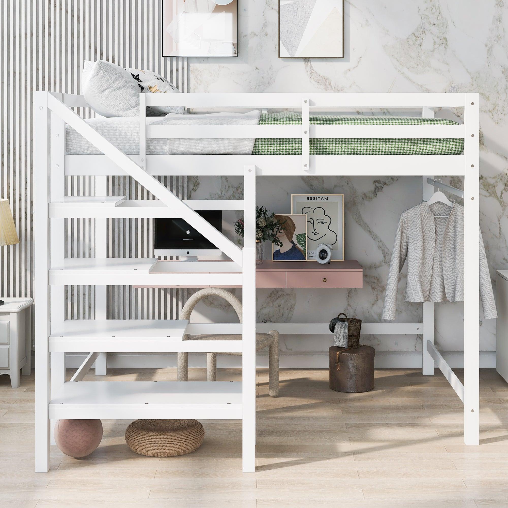 Full Size Loft Bed with Built-inStorage Staircase and Hanger for Clothes,White