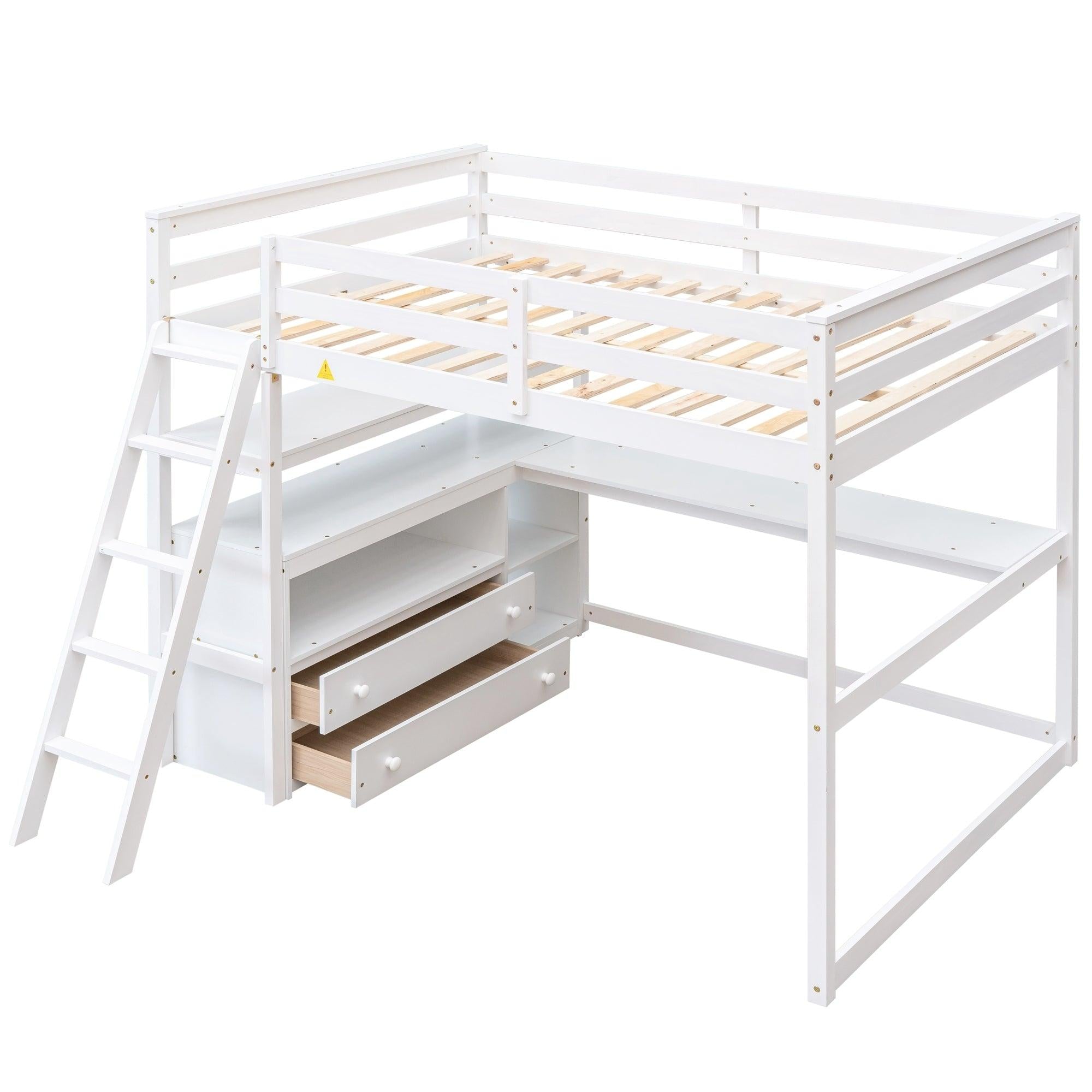 Full Size Loft Bed with Desk and Shelves,Two Built-in Drawers,White