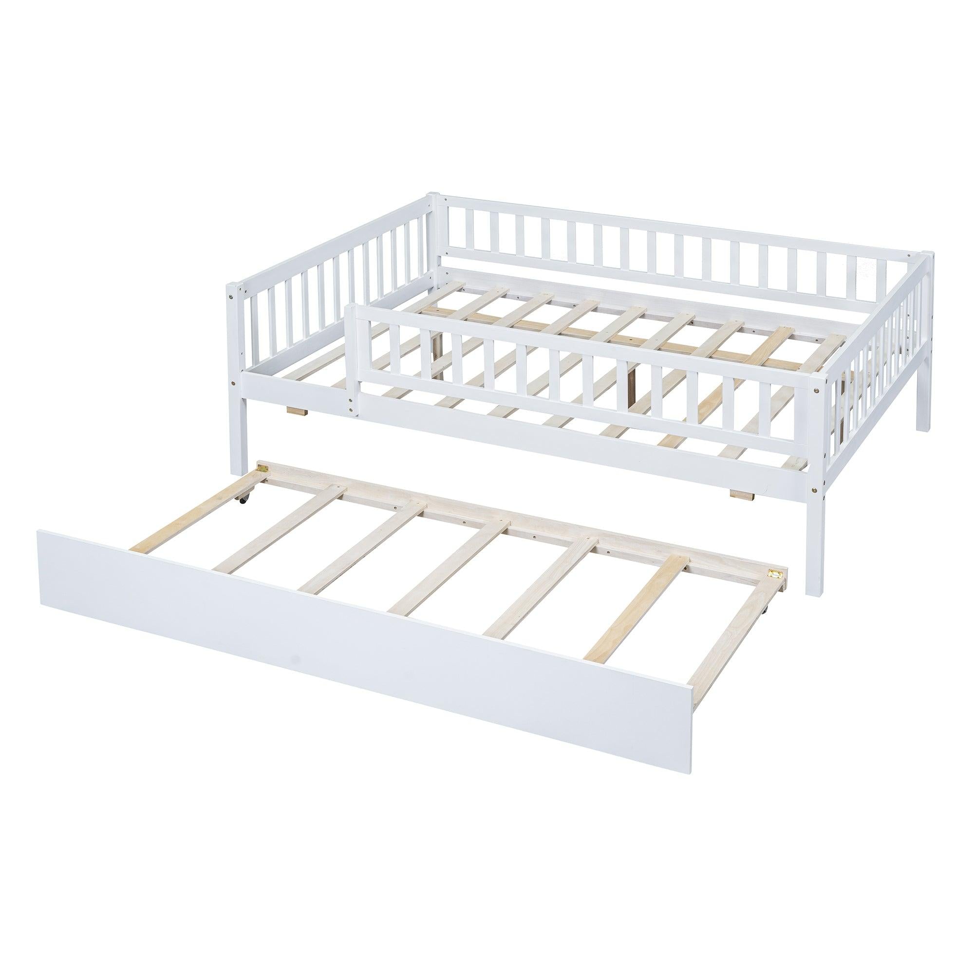 Full Size Wood Daybed with Trundle and Fence Guardrails, White