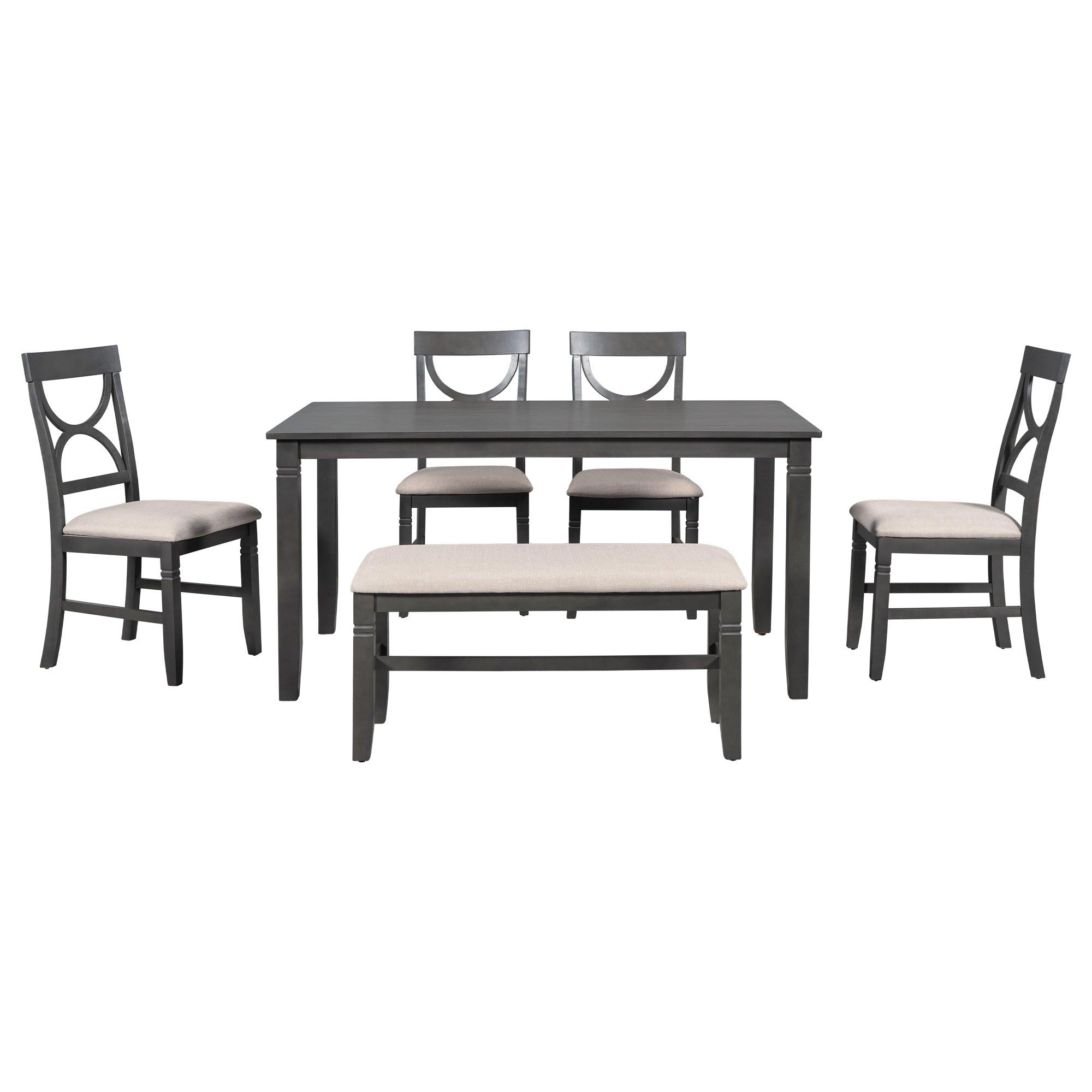 6-Piece Wood Dining Table Set Kitchen Table Set with Upholstered Bench and 4 Dining Chairs, Farmhouse Style,Gray